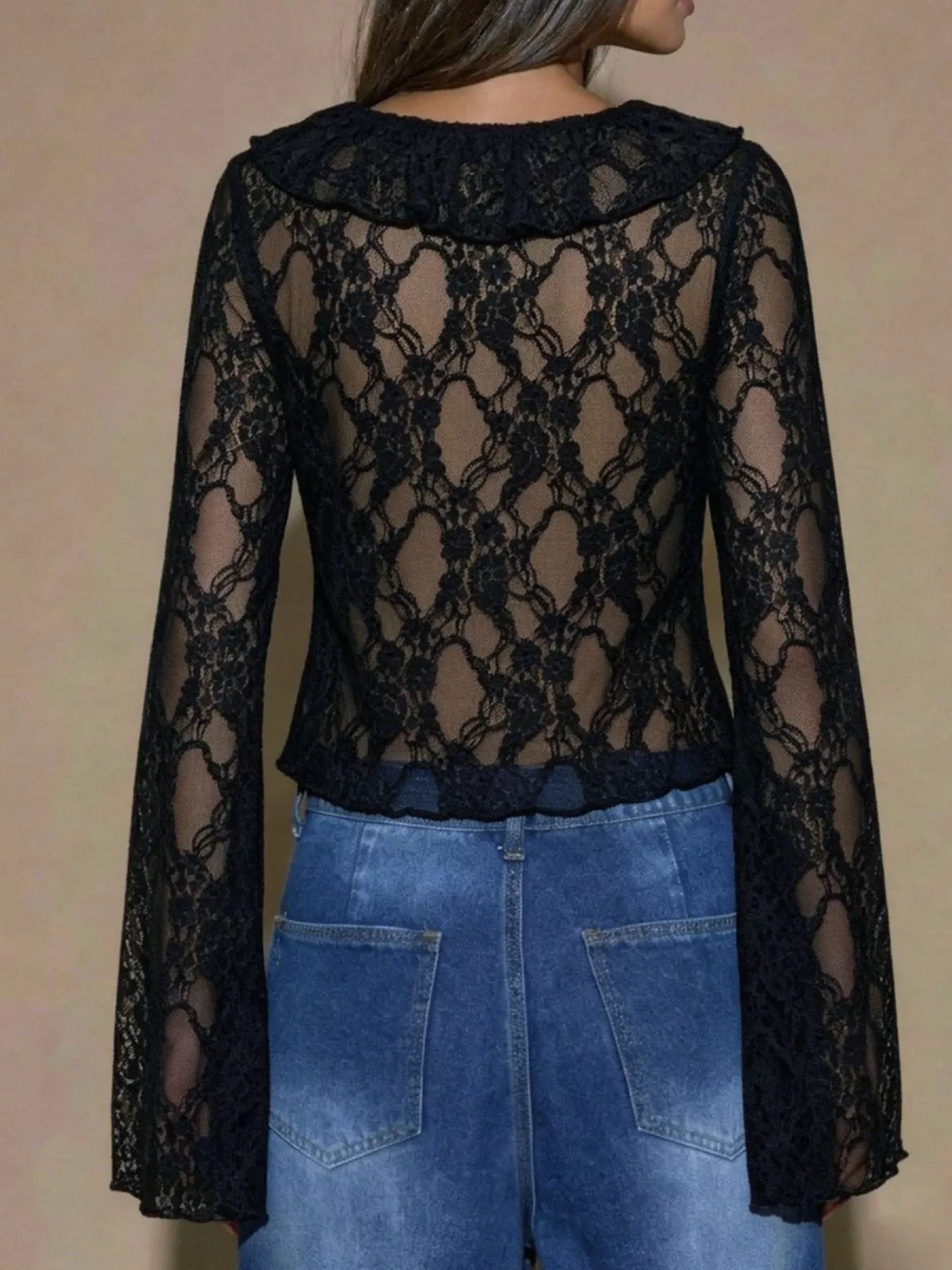 Sheer Lace Ruffle Tie-Front Blouse