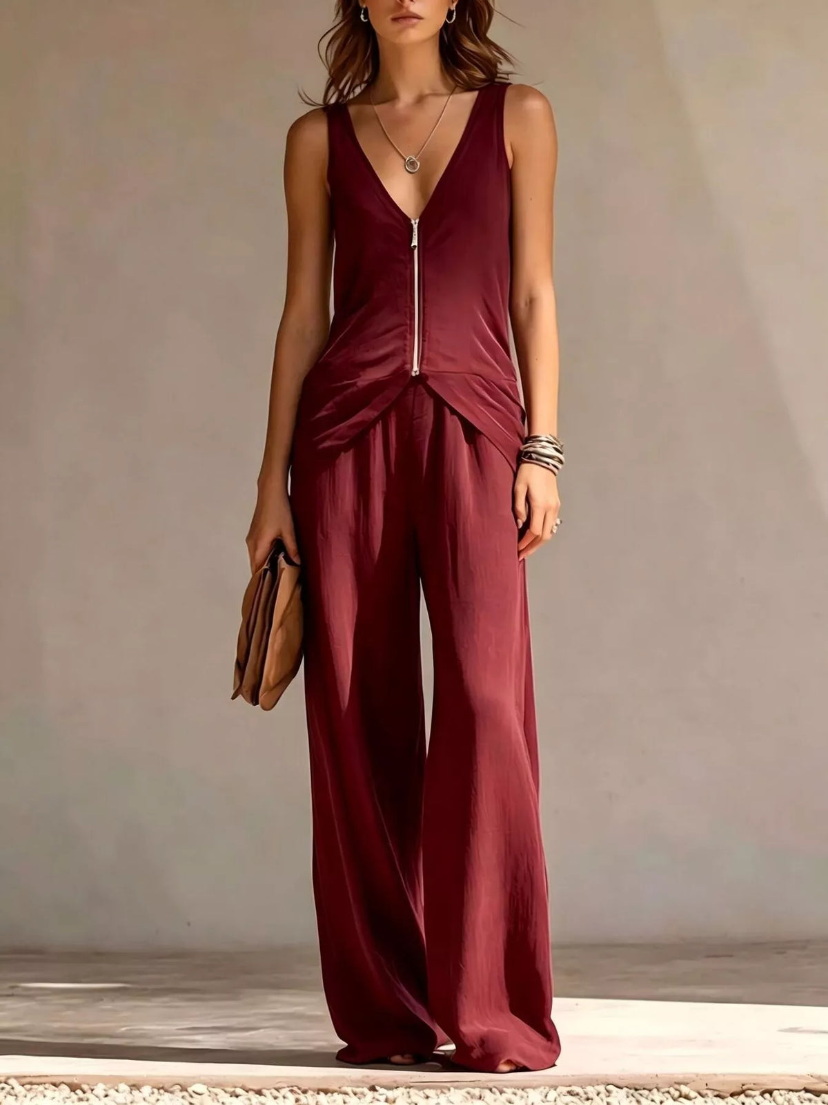 Full Size Zipper Front Tank and Wide-Leg Pants Set Plus Size