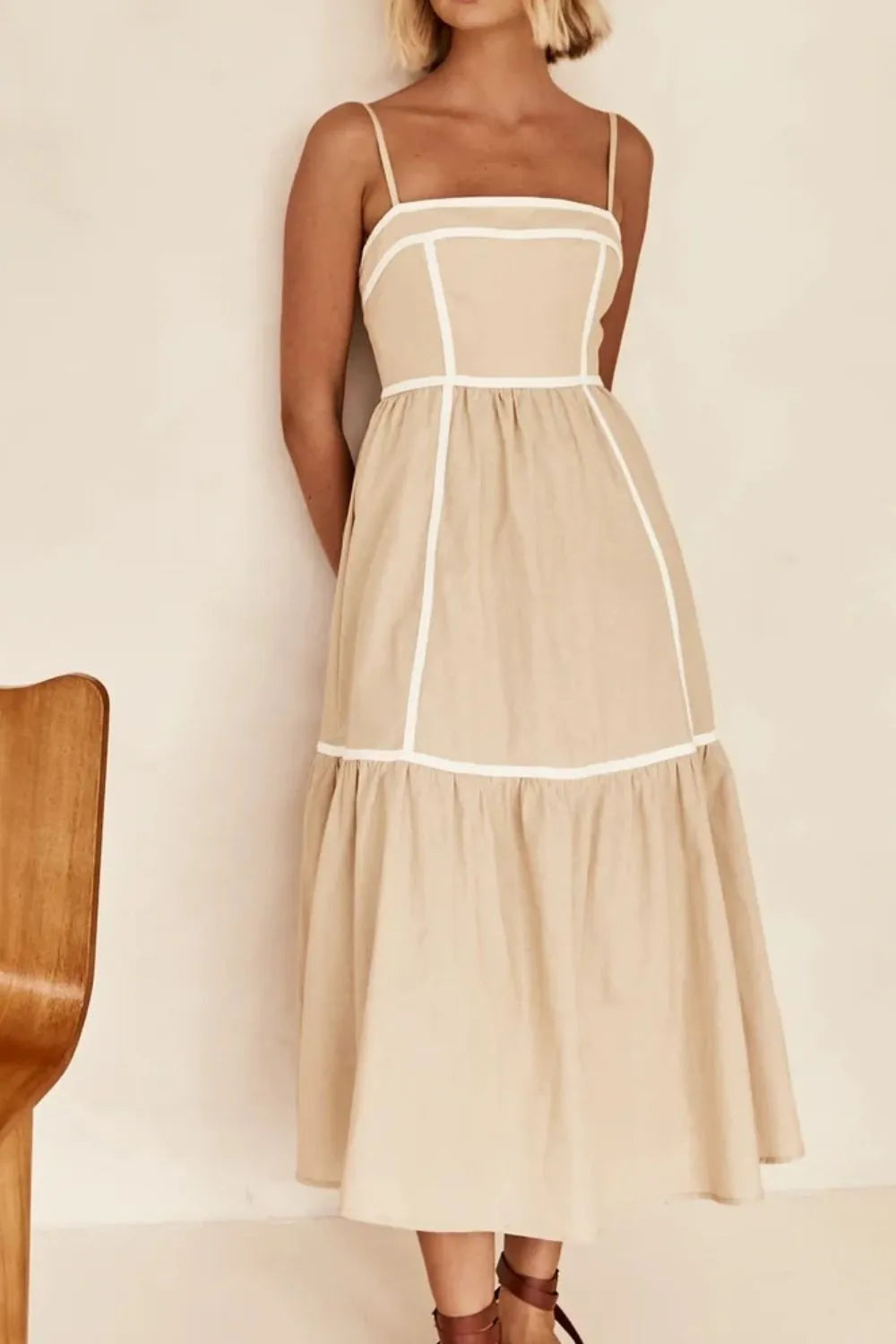 Contrast Trim Square Neck Midi Cami Dress