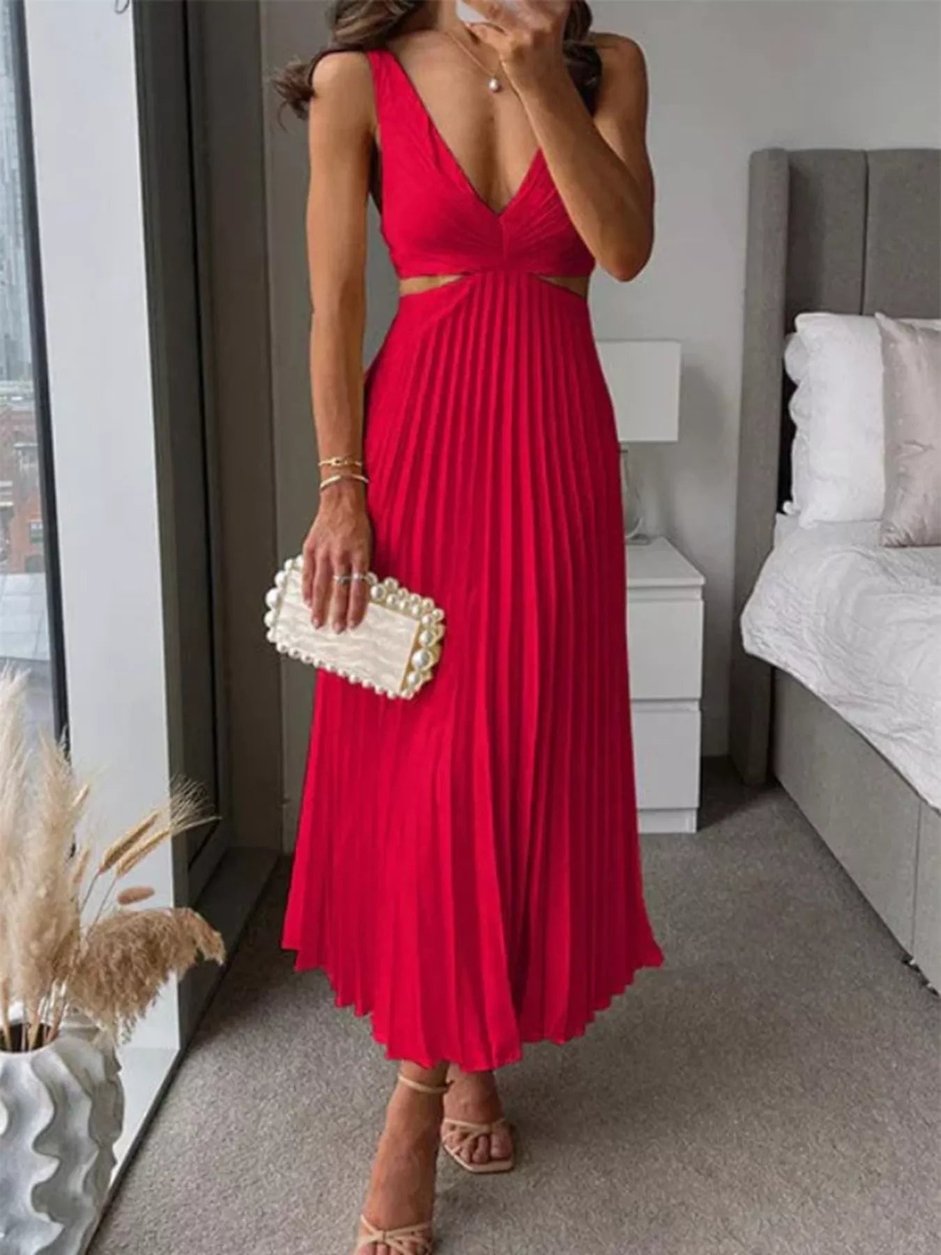 Elegant Pleated Midi Dress with Cut-out Details