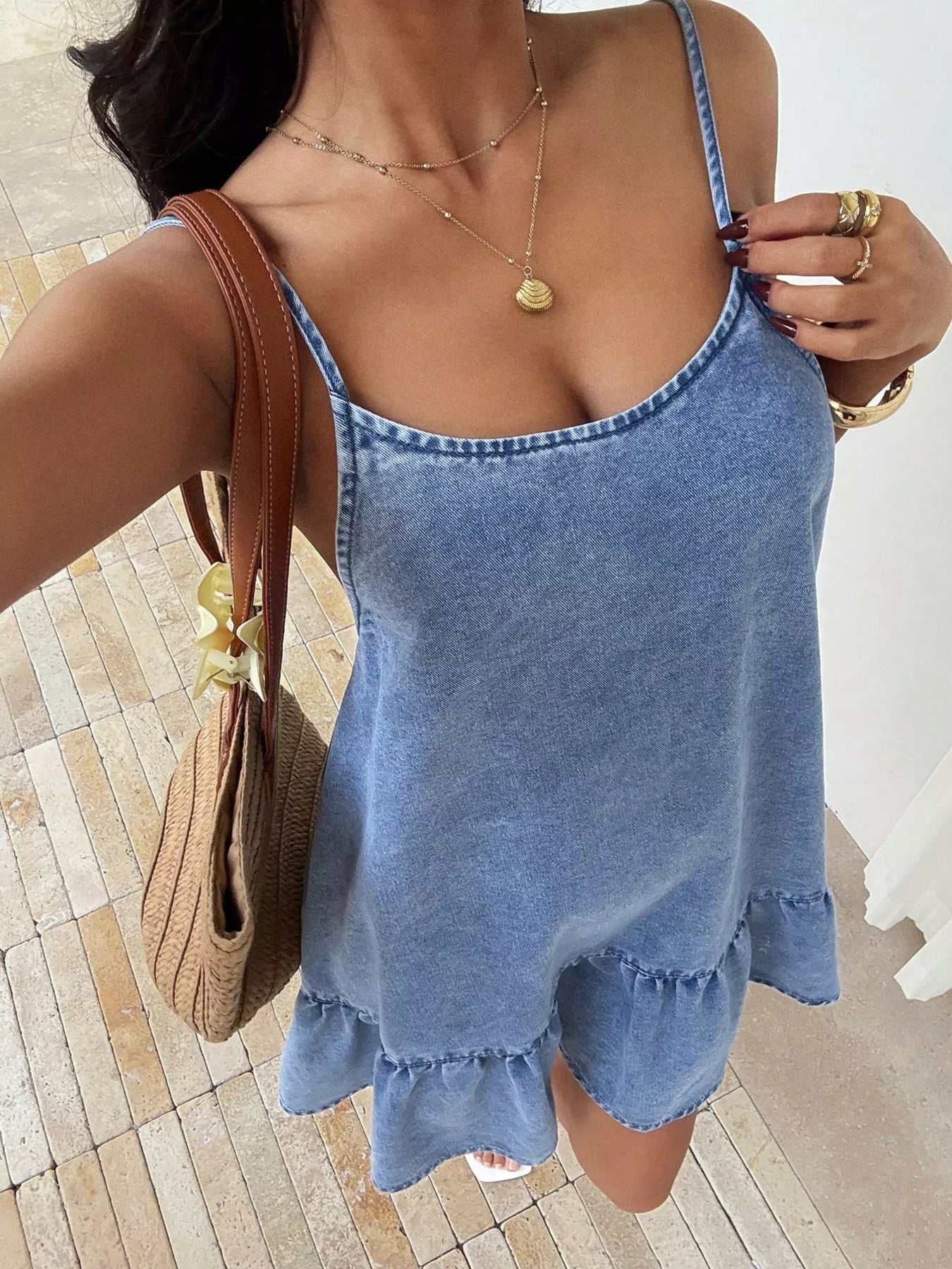 Casual Spaghetti Strap Ruffle Hem Denim Dress