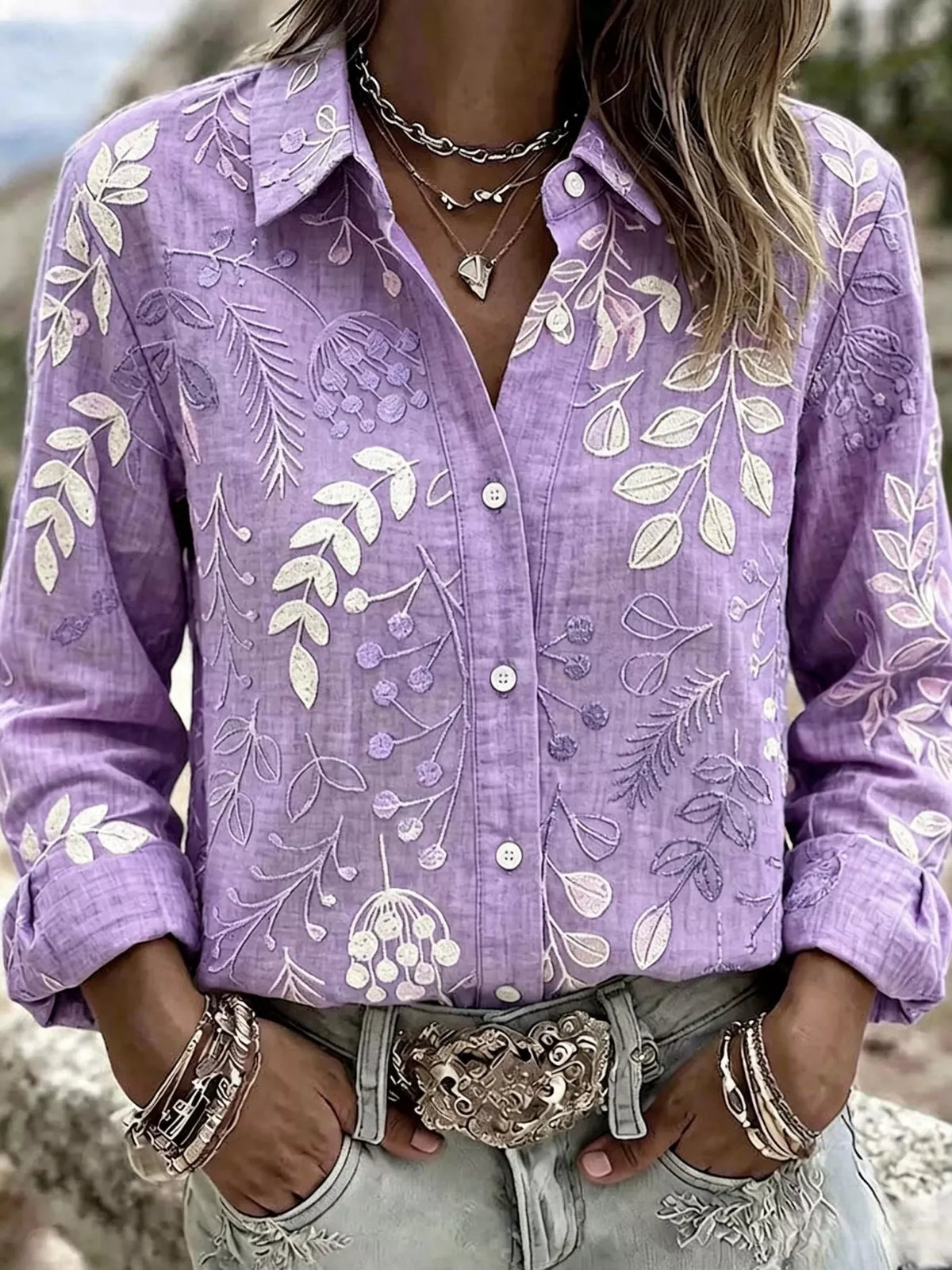 Full Size Leaf Embroidered Button-Down Shirt Plus Size