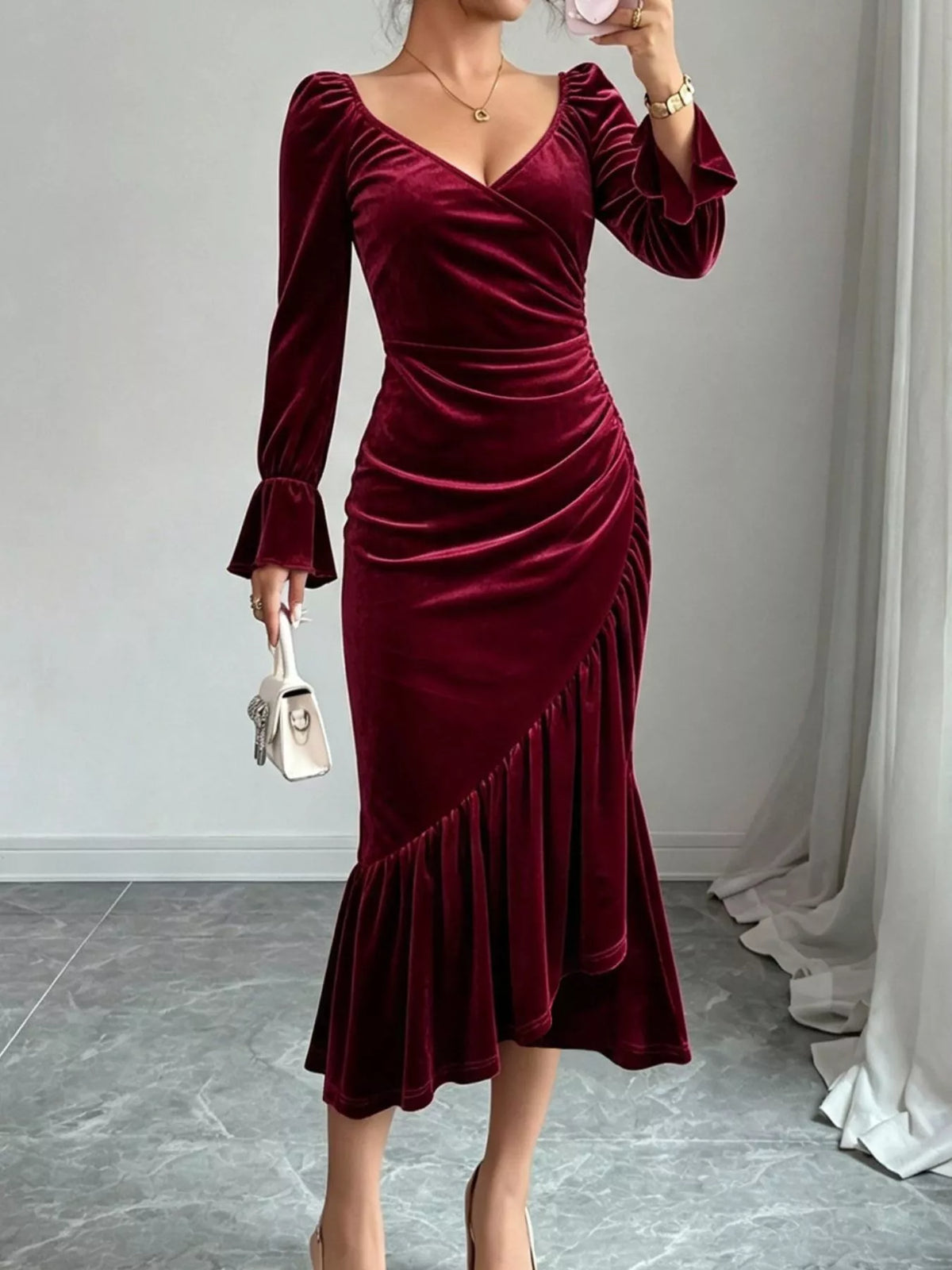 Velvet Ruched Ruffle Hem Midi Dress