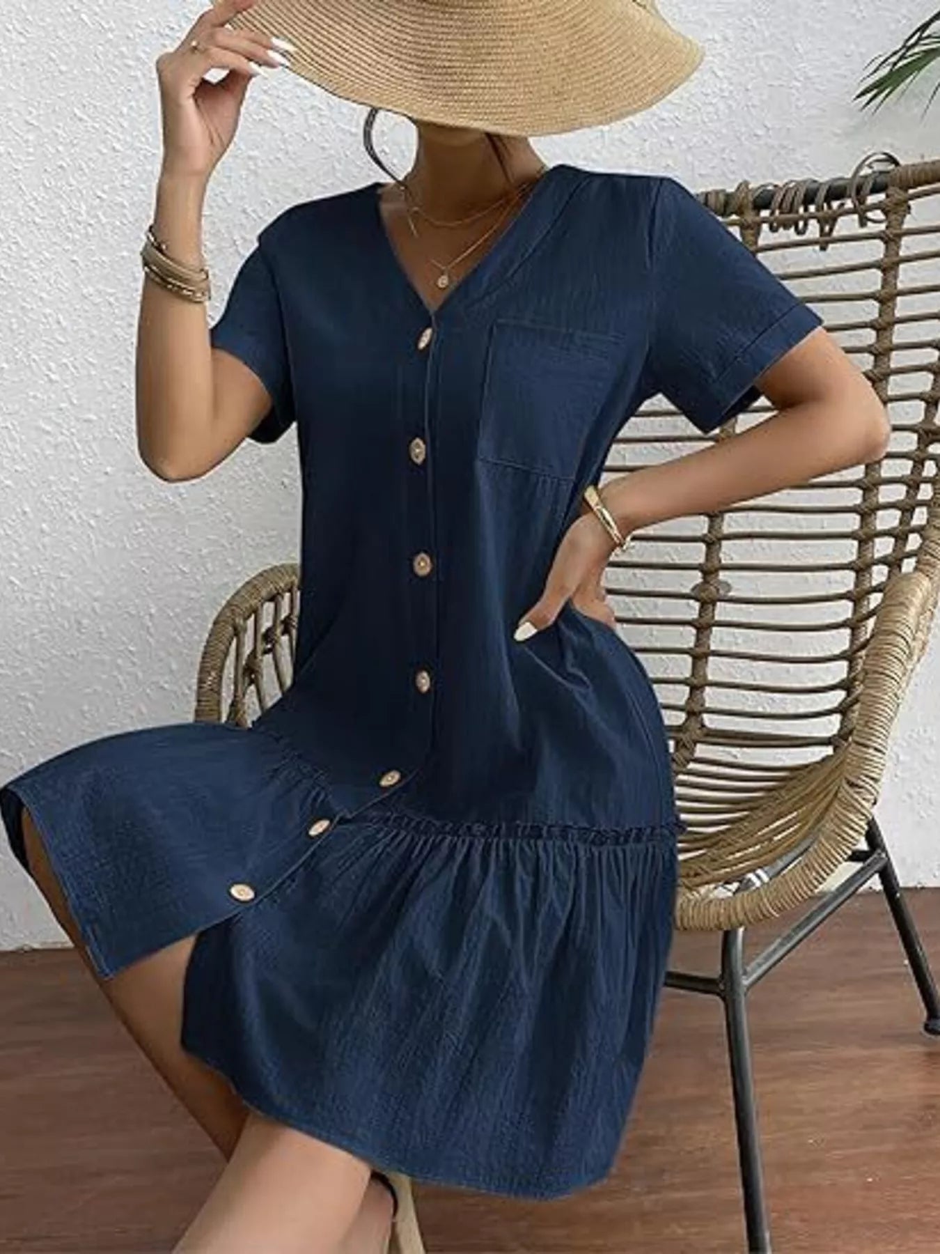 Full Size Button-Down Ruffle Hem Mini Dress Plus Size