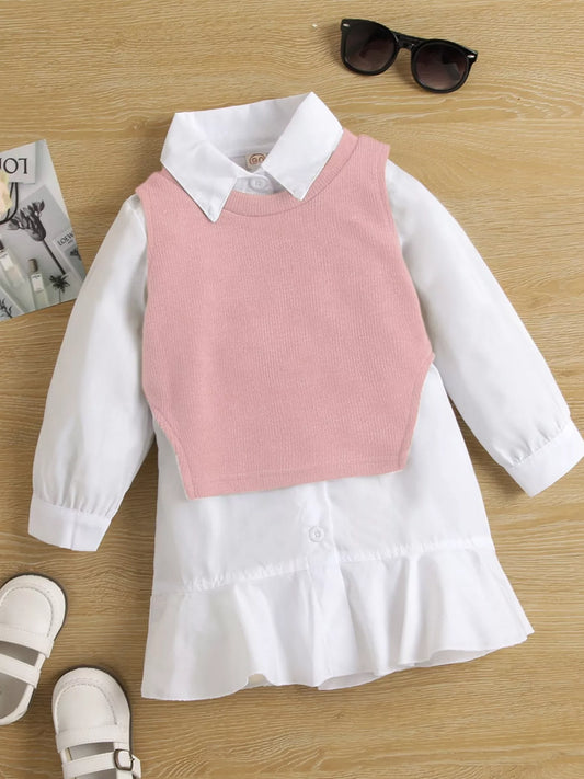Children's Long Sleeve Shirt Dress and Knit Vest Set
