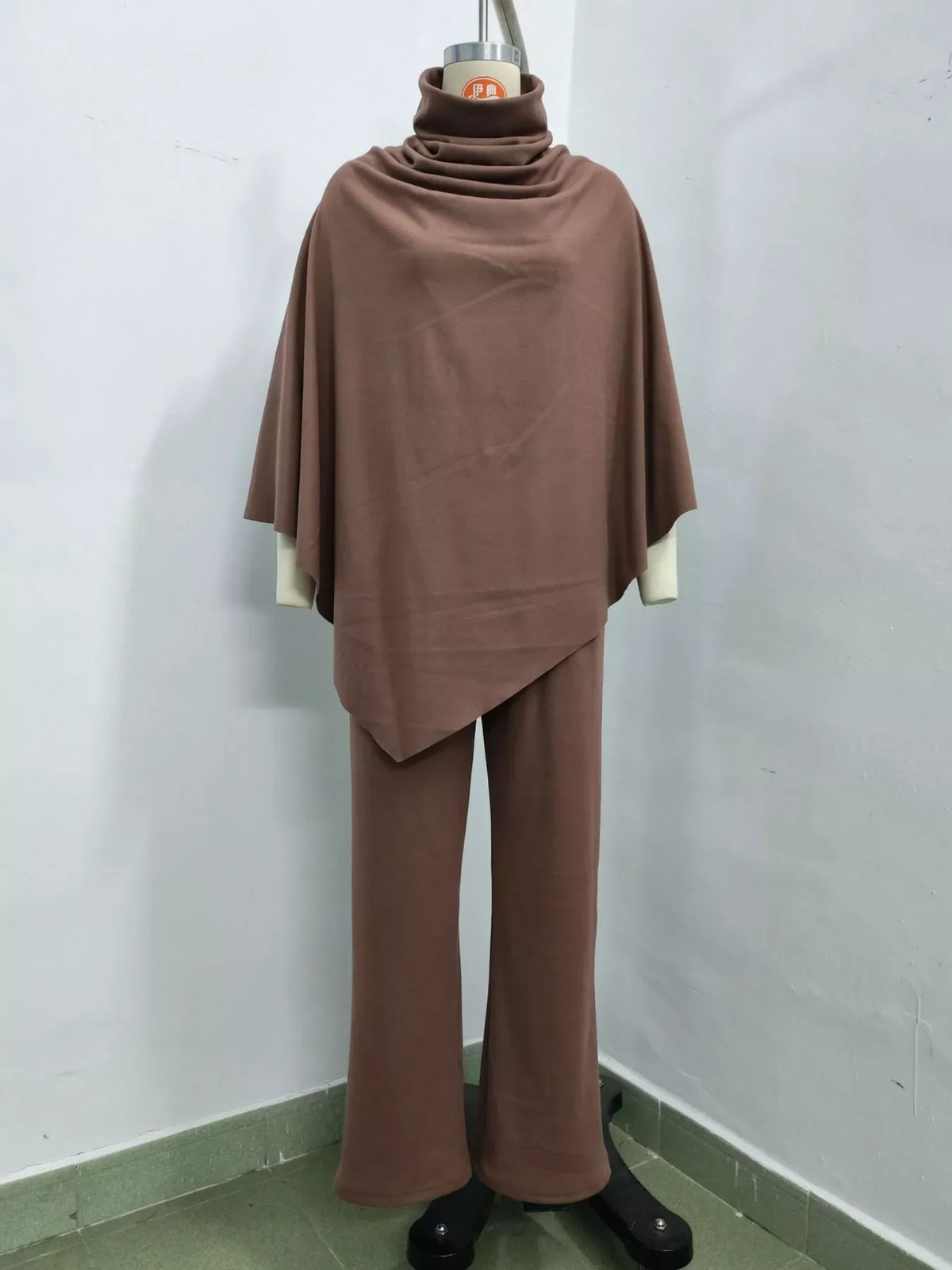 Full Size Turtleneck Poncho and Wide-Leg Pants Set Plus Size