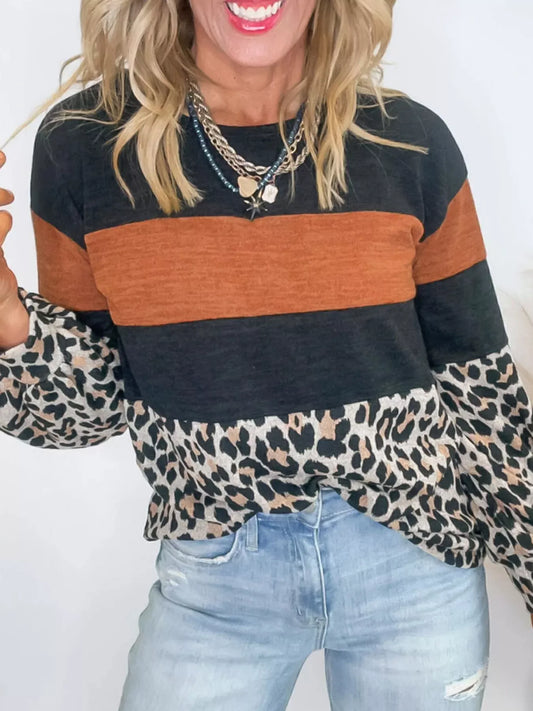 Leopard Print Patchwork Long Sleeve Blouse