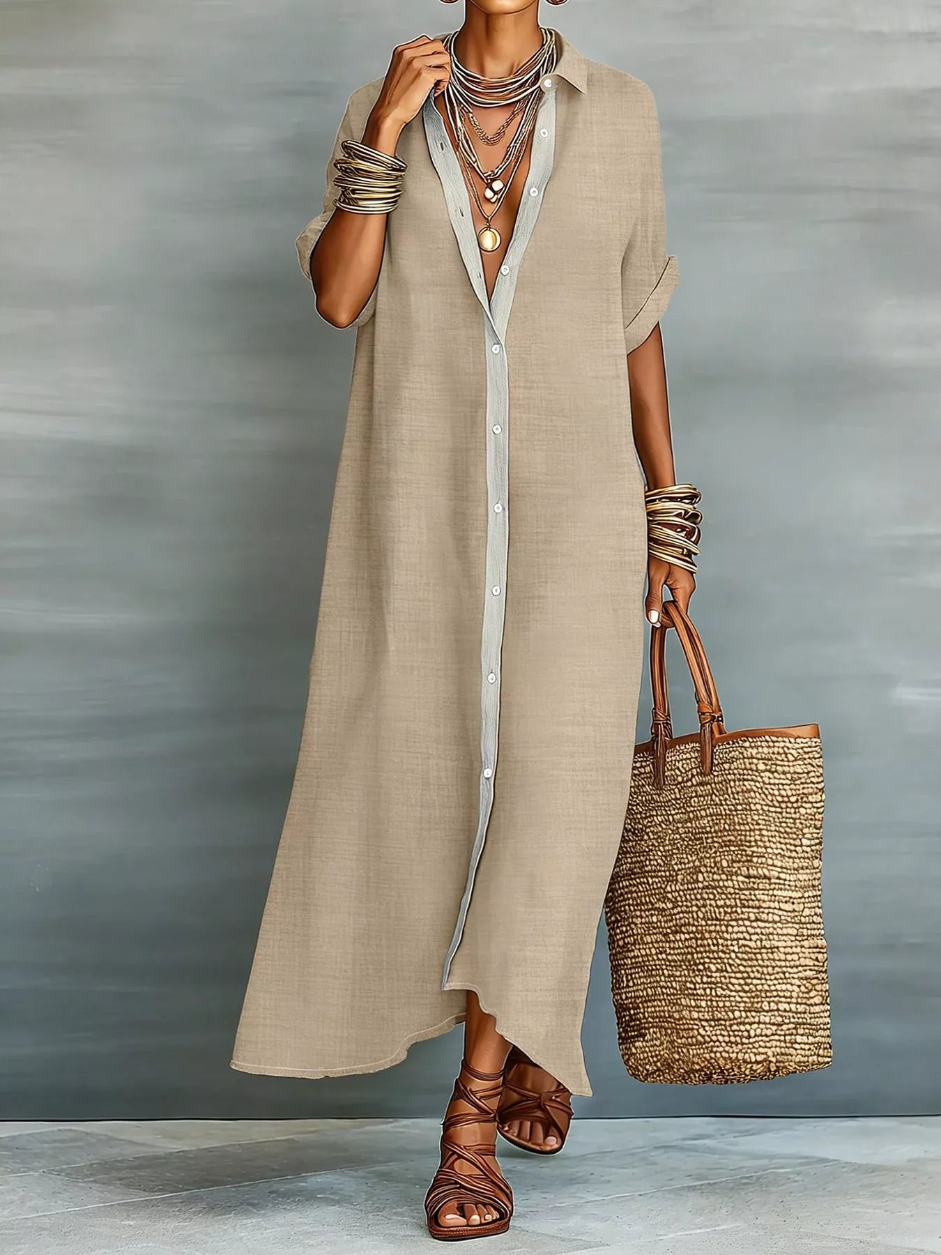Casual Linen Shirt Dress with Button-Down Front