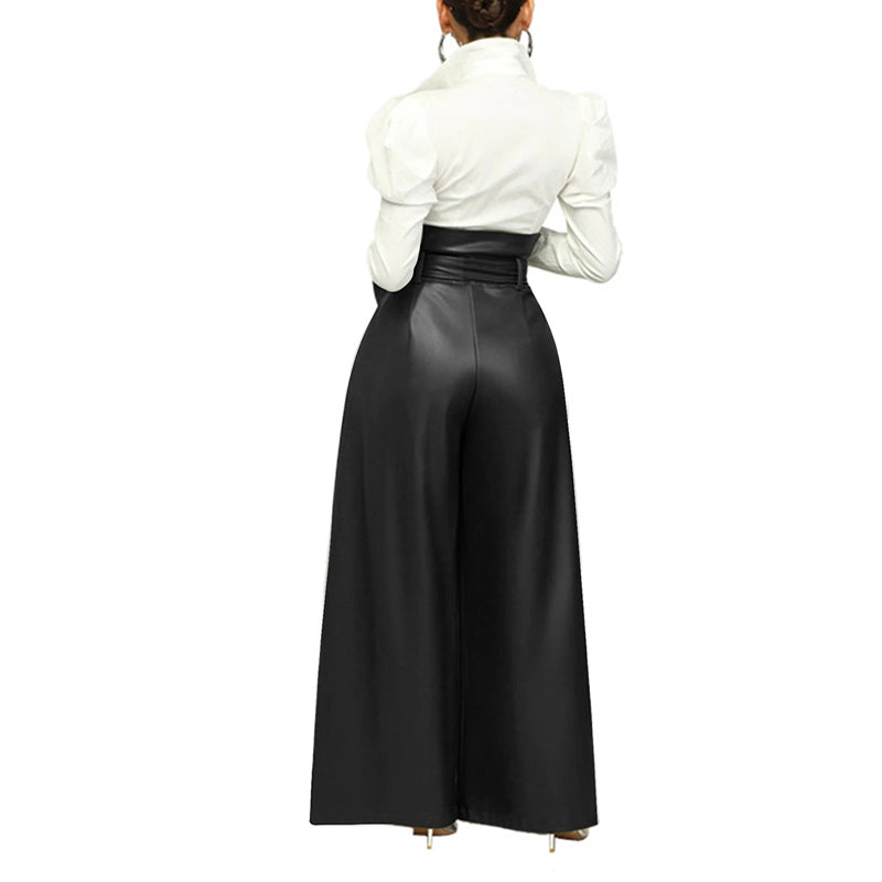 Women's Fashion High-Waisted PU Wide-Leg Pants, Solid Color Metal Belt Detail Trousers With Pockets (See size chart where applicable)