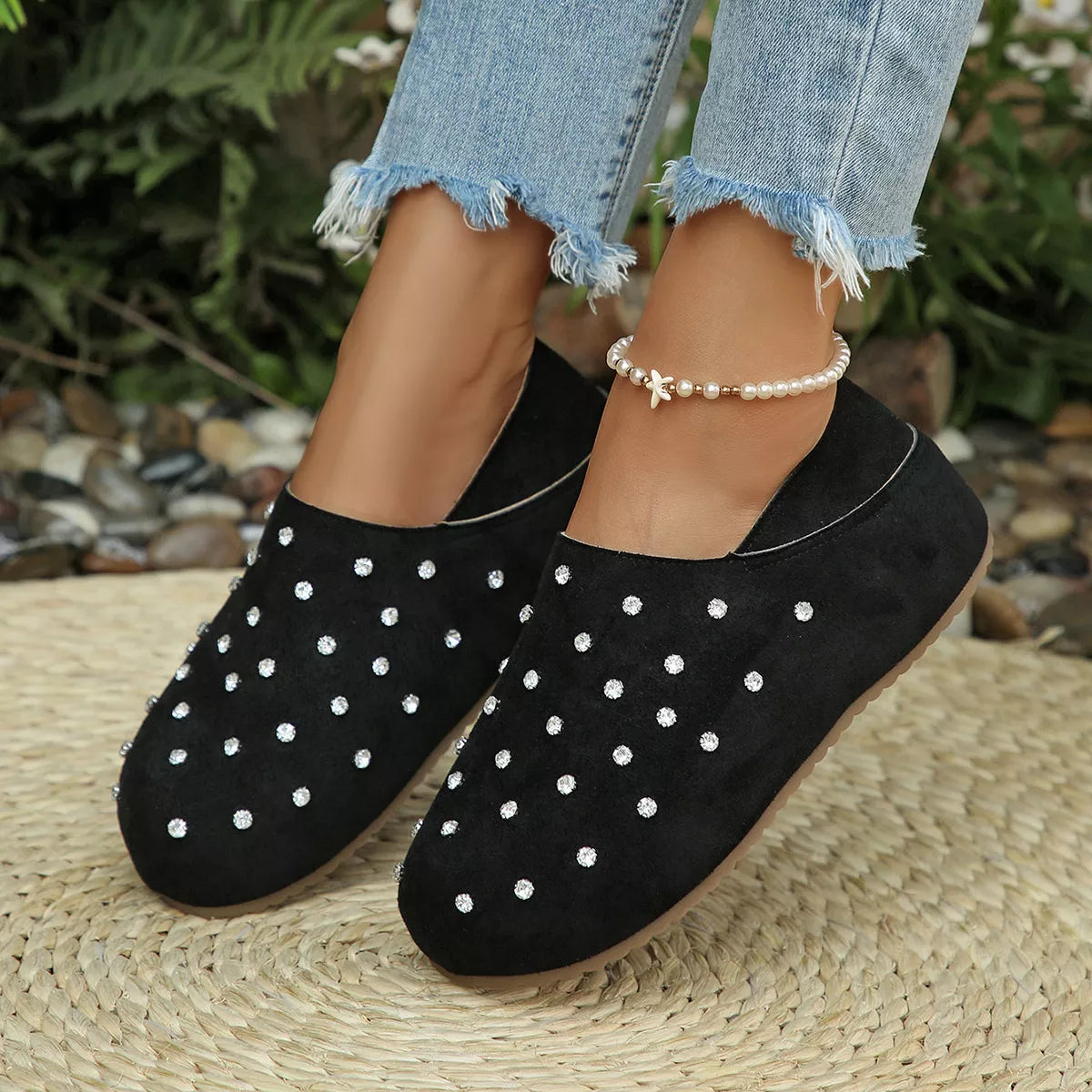 Rhinestone Round Toe Slip-Ons