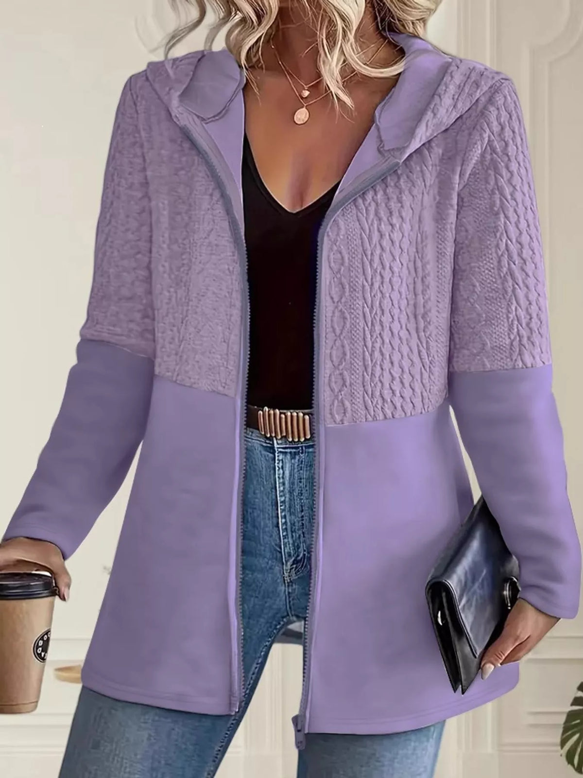 Full Size Textured Hooded Zip-Up Jacket Plus Size