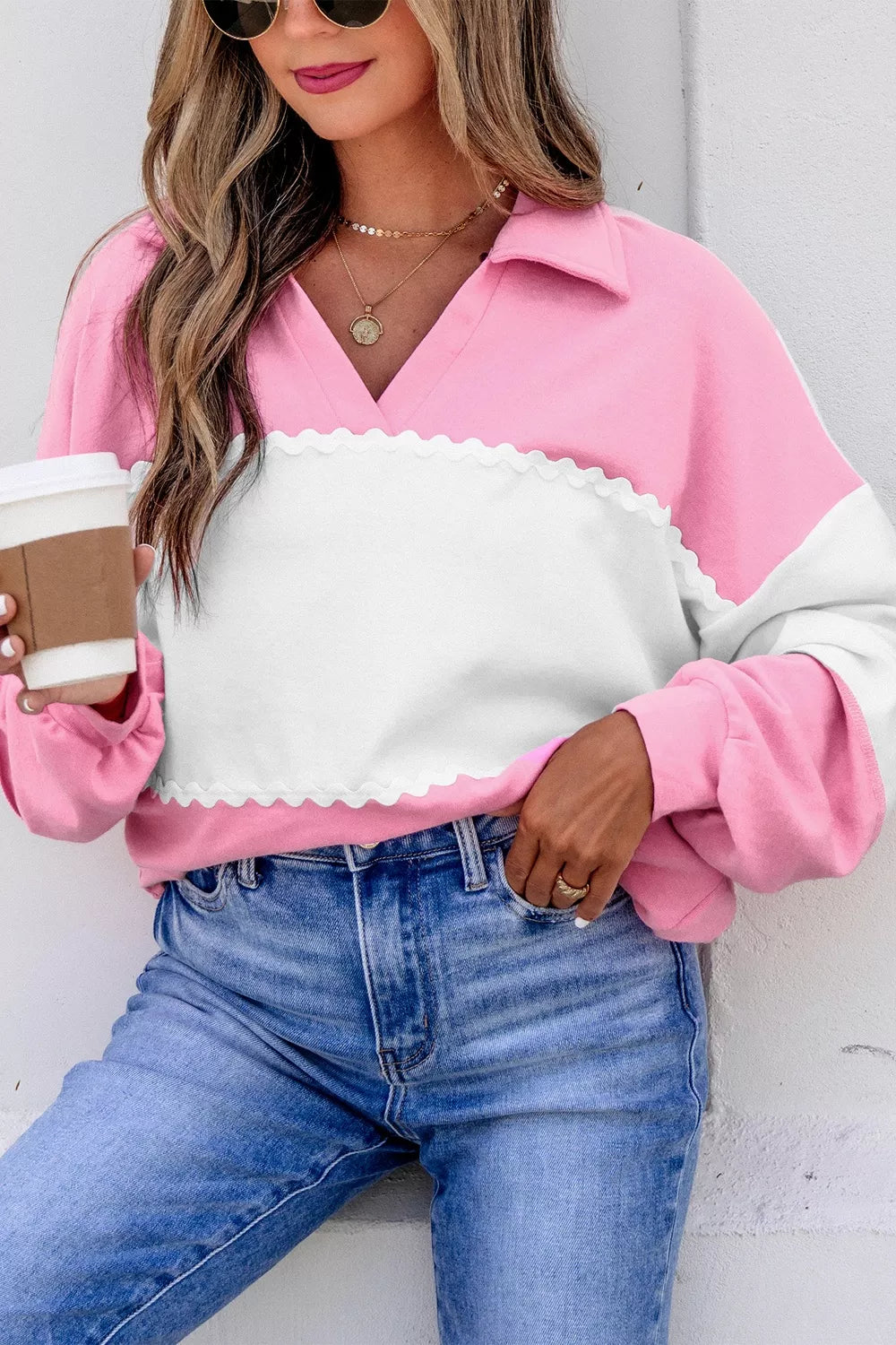 Color Block Ricrac Trim Patchwork Collar V Neck Long Sleeve Top