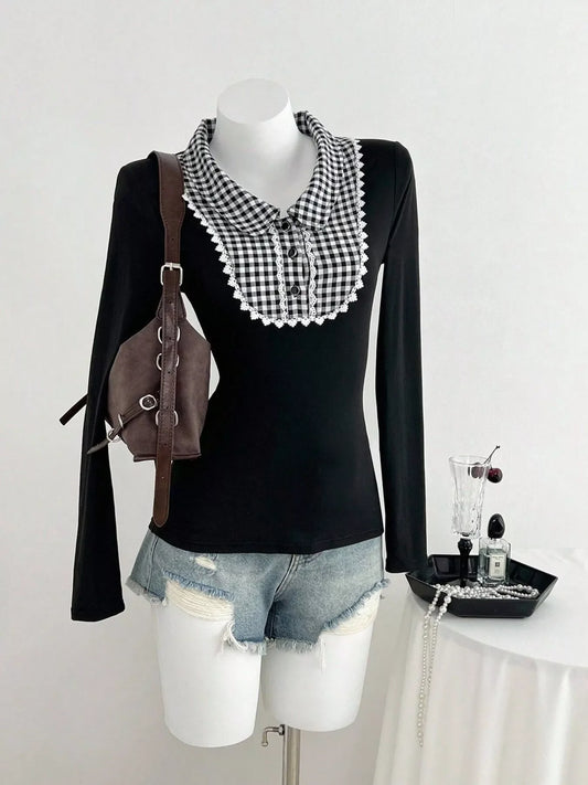Gingham Collar Long Sleeve T-Shirt