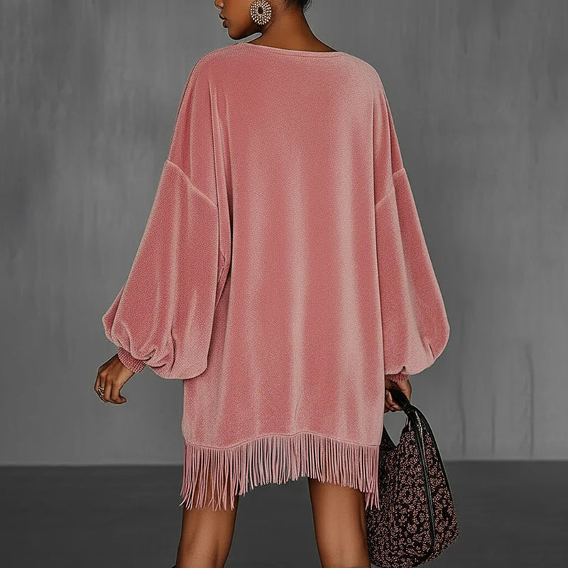 Women's Fringe Hem Mini Dress, Drop Shoulder Long Sleeve Casual Short Dress (See size chart where applicable)