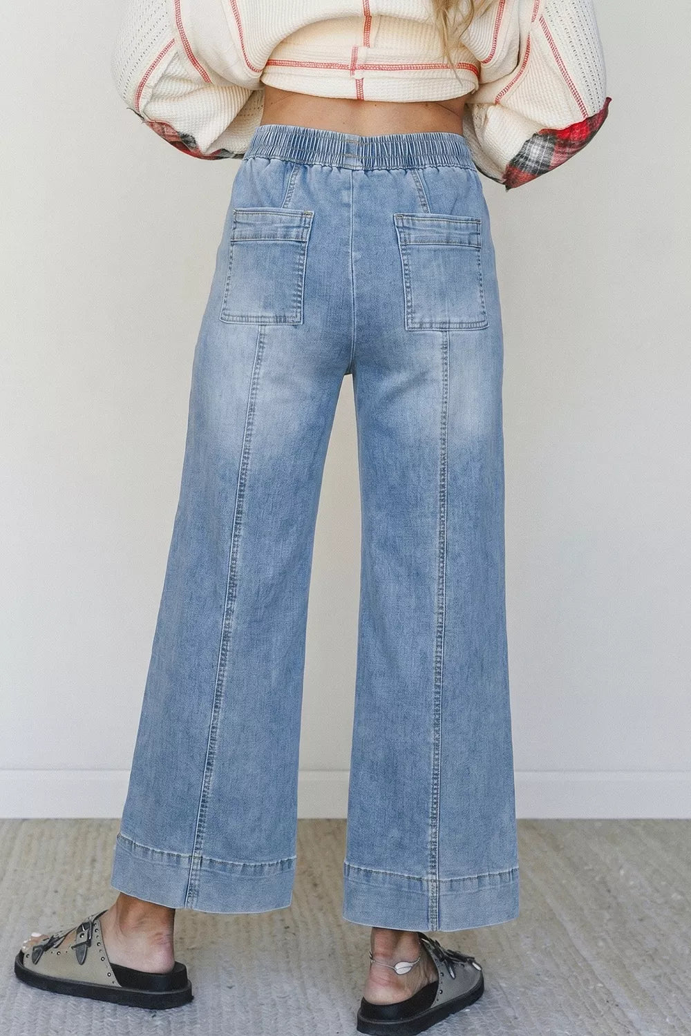 Drawstring Waist Wide Leg Ankle Length Jeans