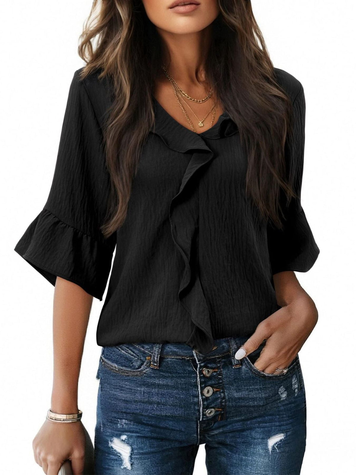 Ruffle V-Neck Flounce Sleeve Blouse
