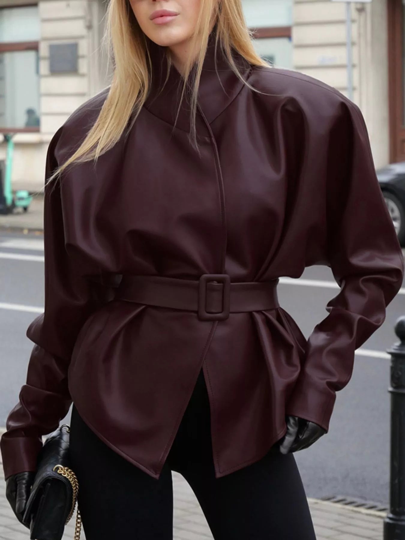 Stand Collar Belted Faux Leather Jacket