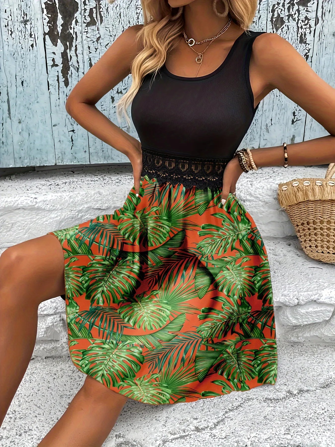 Tropical Print Sleeveless Summer Dress with Lace Waist Detail