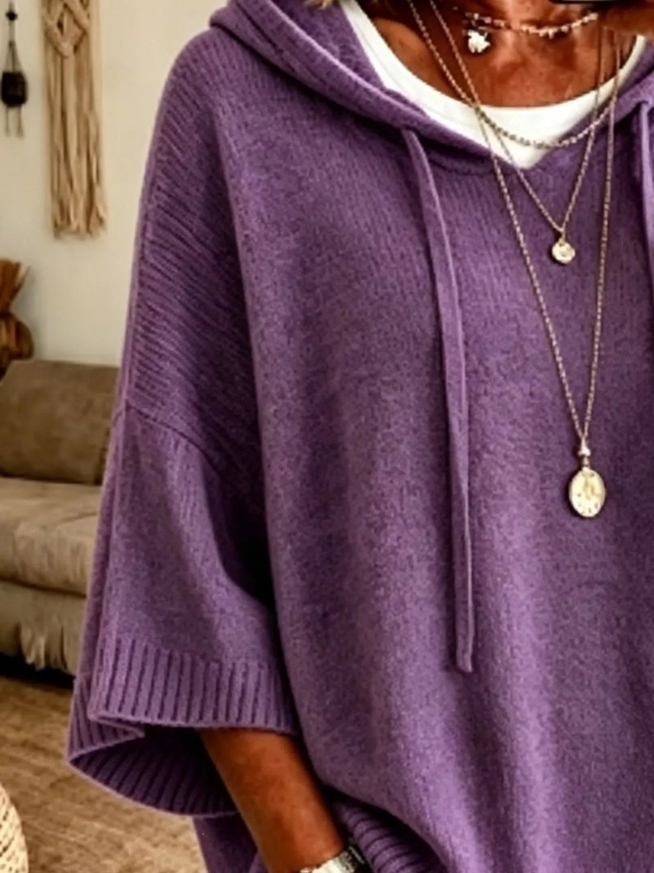 Full Size Drawstring 3/4 Sleeve Hooded Sweater Plus Size