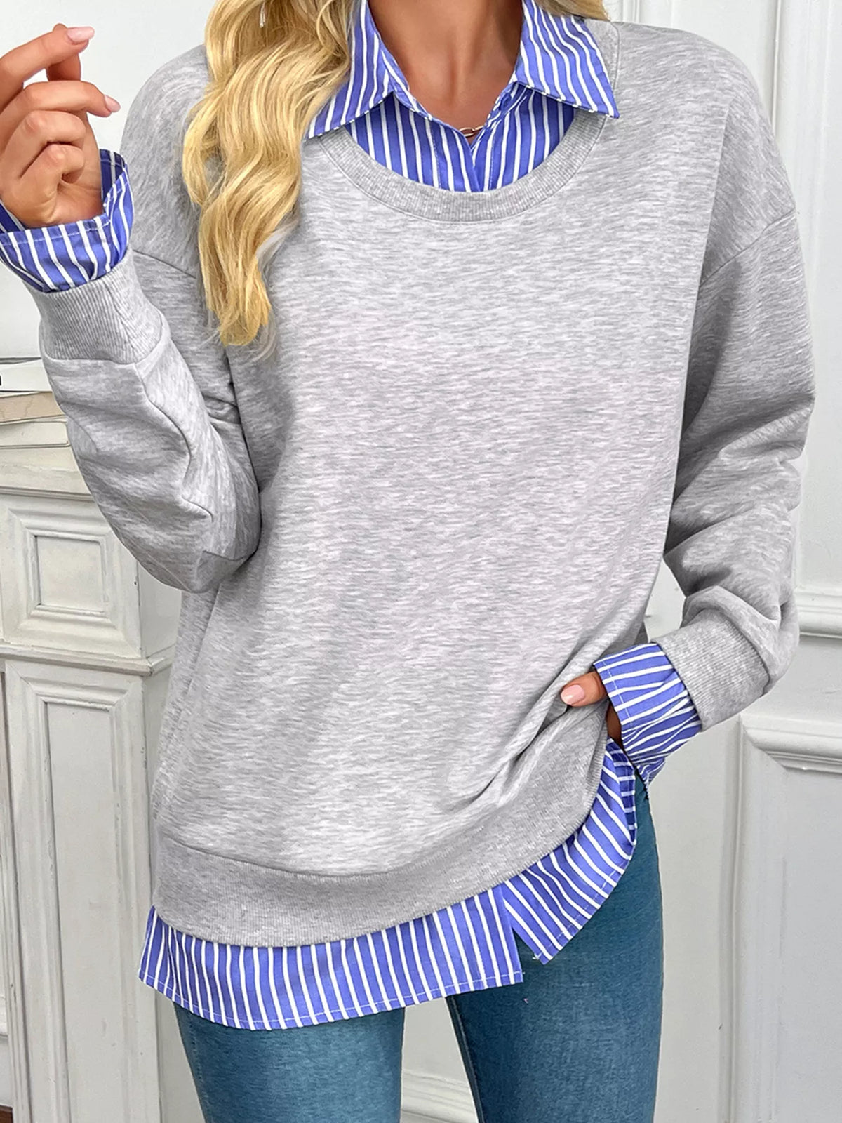 Striped Collar 2-in-1 Patchwork Casual Loose Sweatshirt
