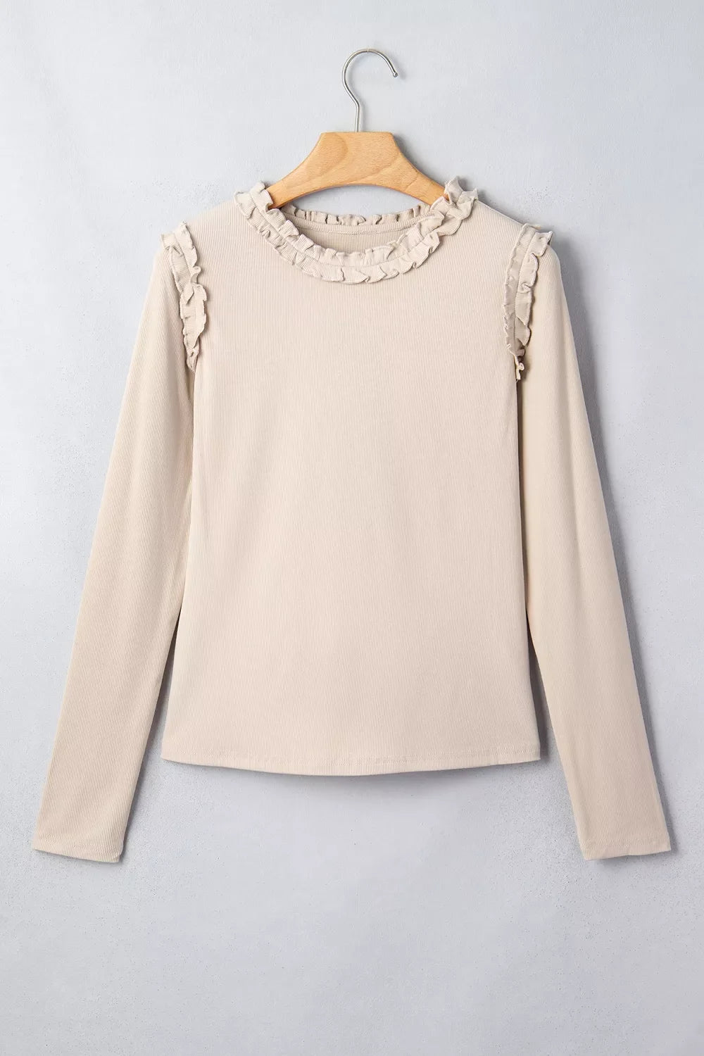 Solid Color Round Neck Frill Detail Long Sleeve Top