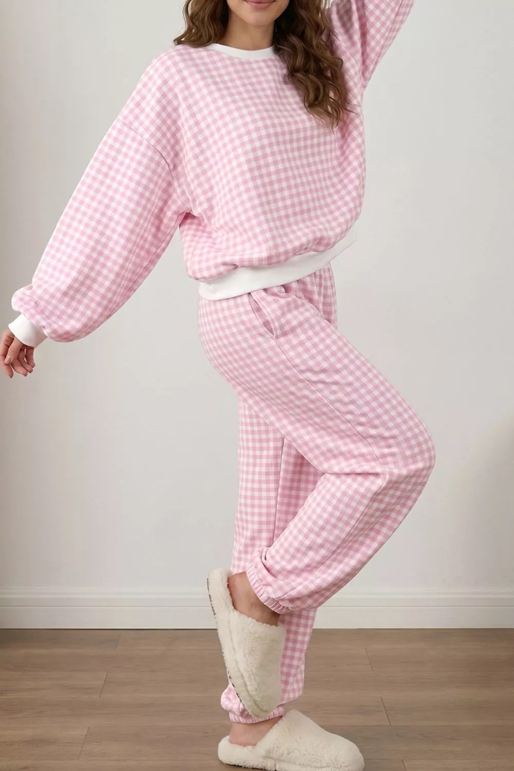 Gingham Round Neck Top and Pants Set