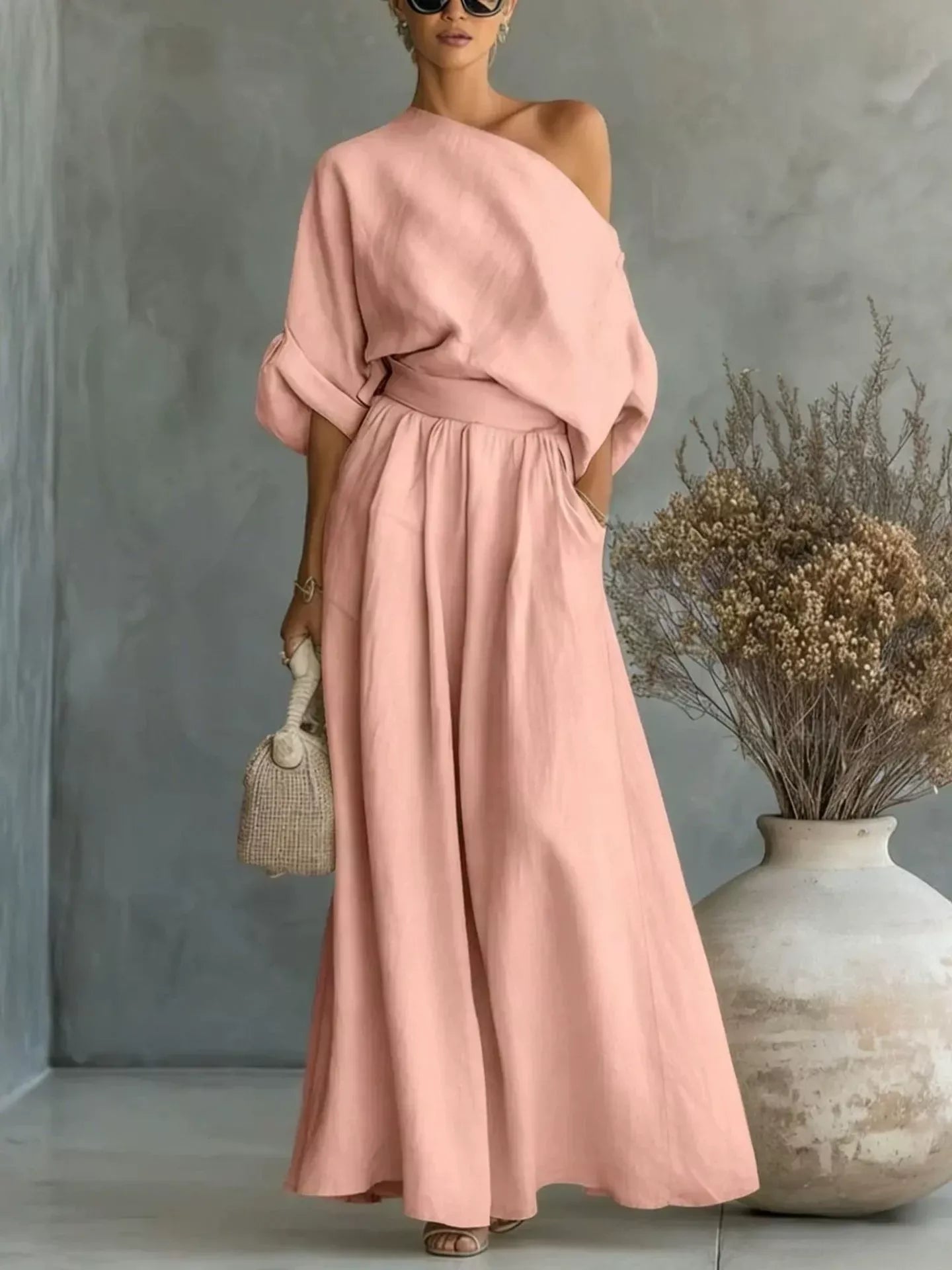Full Size One Shoulder Top and Wide Leg Pants Set Plus Size