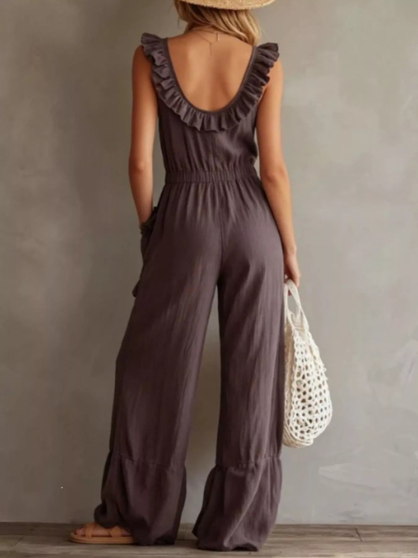 Ruffled V-Neck Wide Leg Jumpsuit