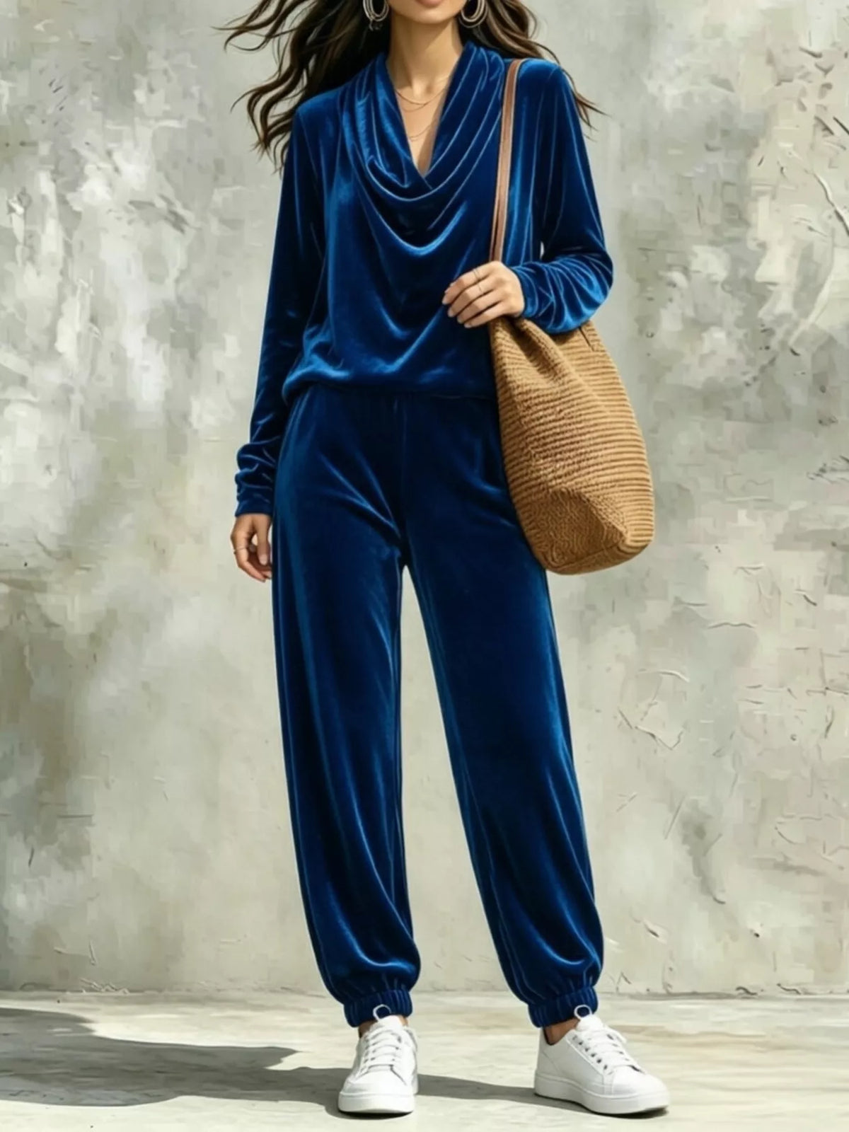 Full Size Velvet Cowl Neck Long Sleeve Top and Pants Set Plus Size