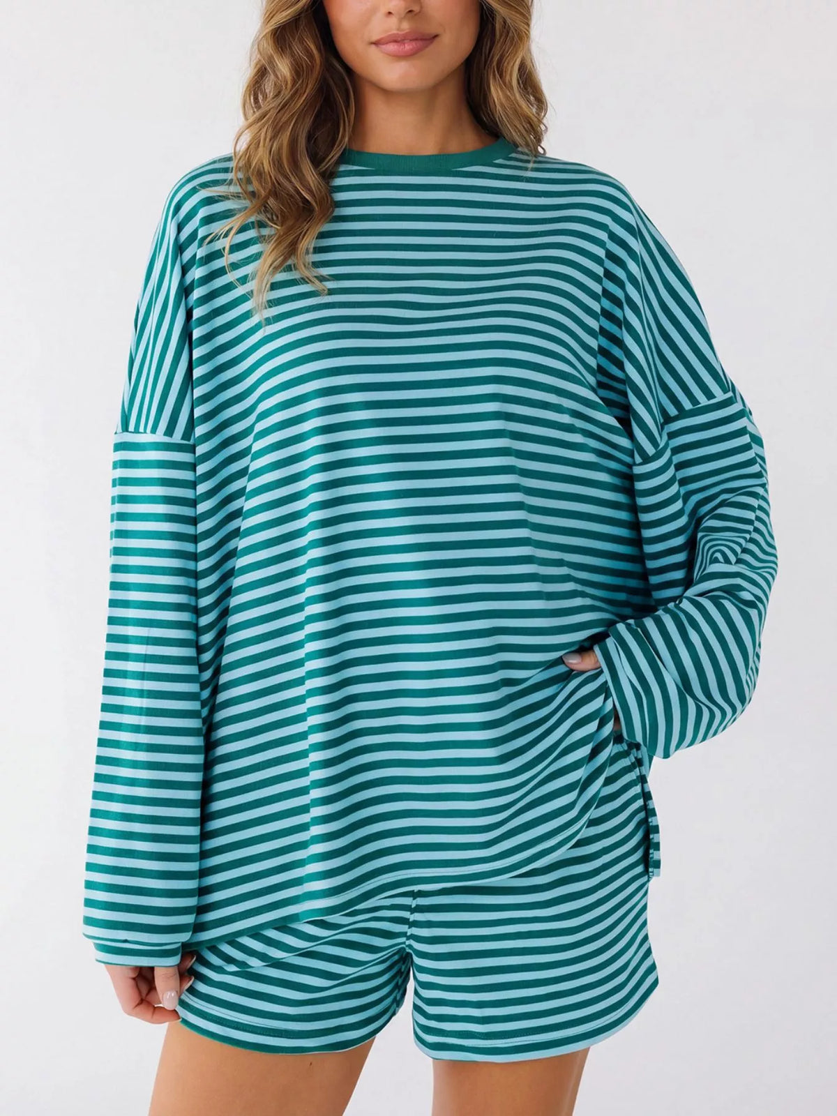 Casual Striped Long Sleeve Top and Shorts Set
