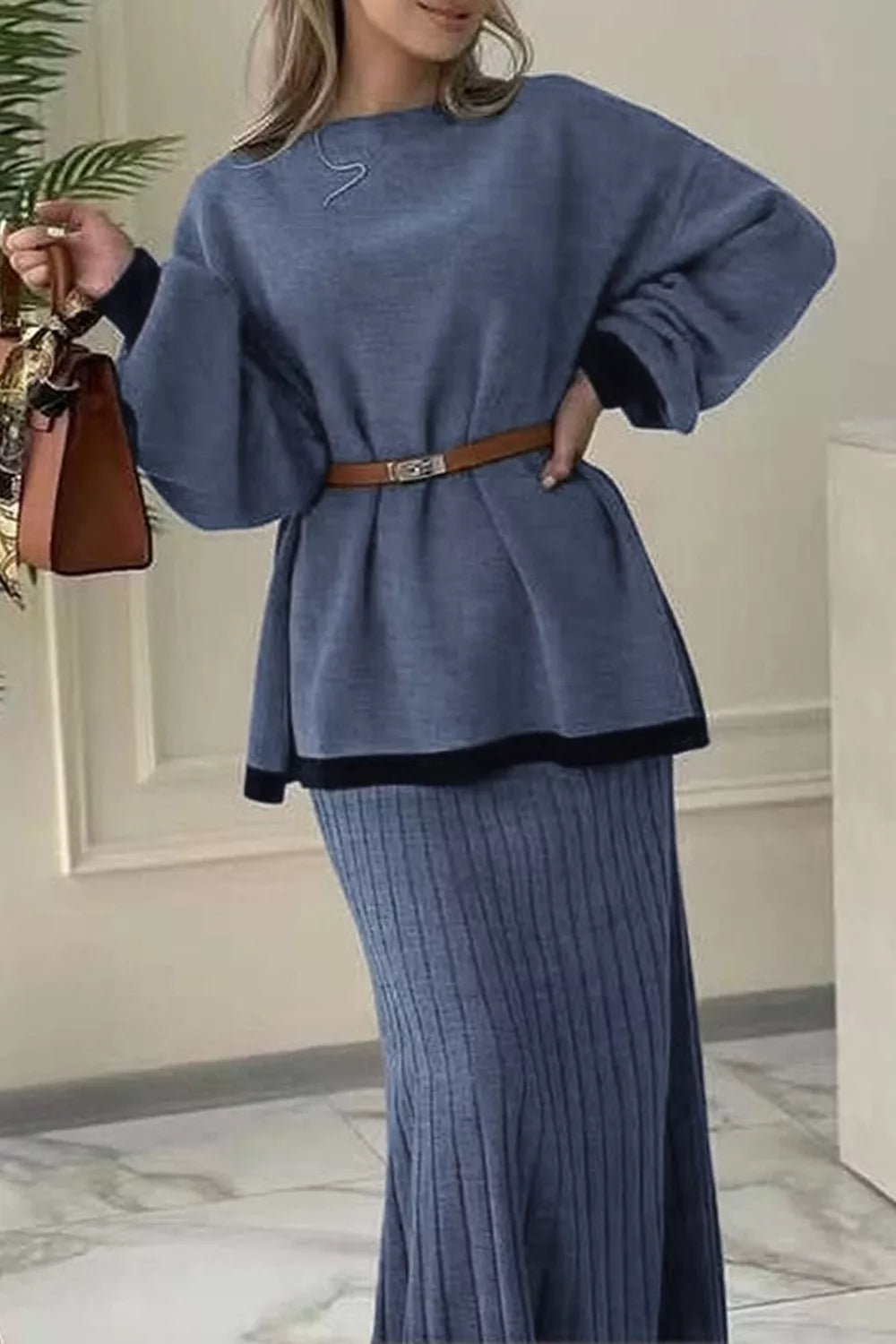 Contrast Trim Ribbed Knit Sweater and Skirt Set
