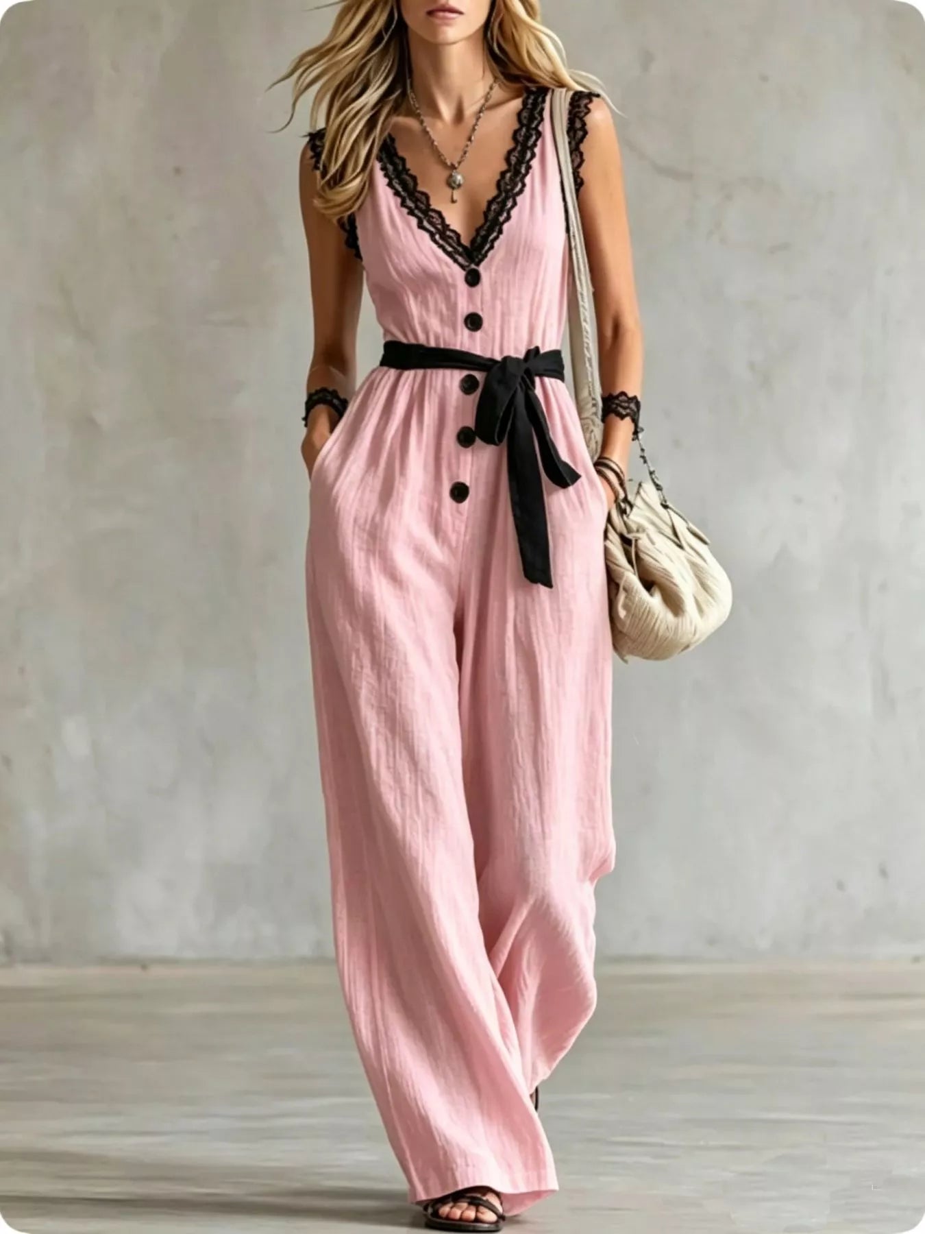 Lace Detail V-Neck Sleeveless Jumpsuit