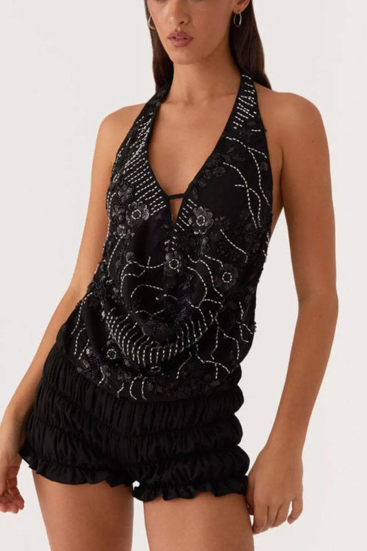 Bead Embellished Halter Neck Tank