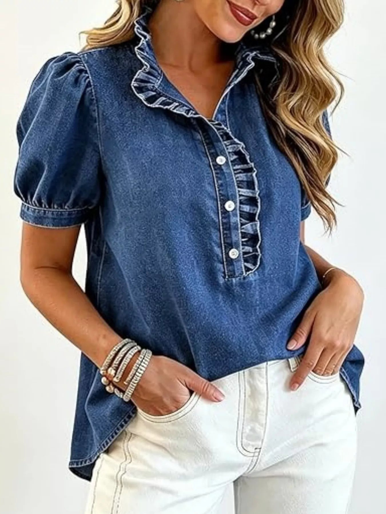 Frill Puff Sleeve Denim Top