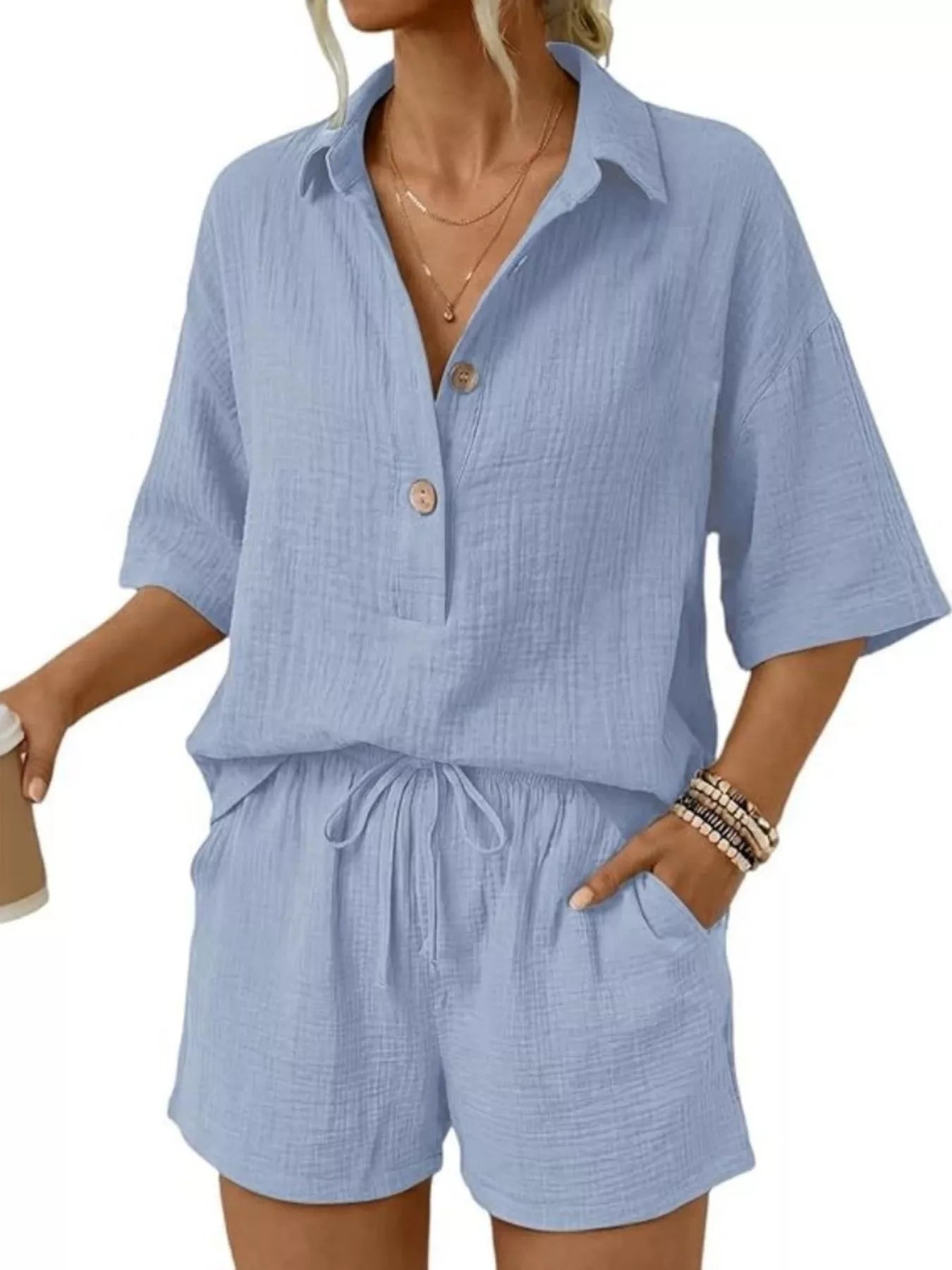 Linen Button Front Short Sleeve Top and Shorts Set