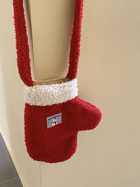 Christmas Mitten-Shaped Plush Crossbody Bag