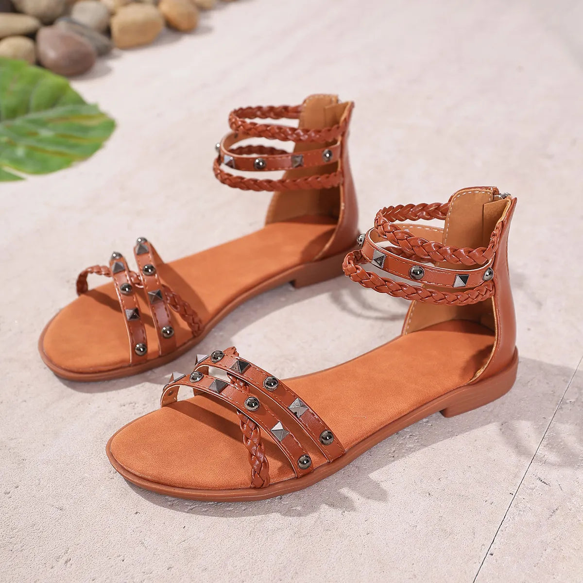Braided Ankle Strap Studded Sandals