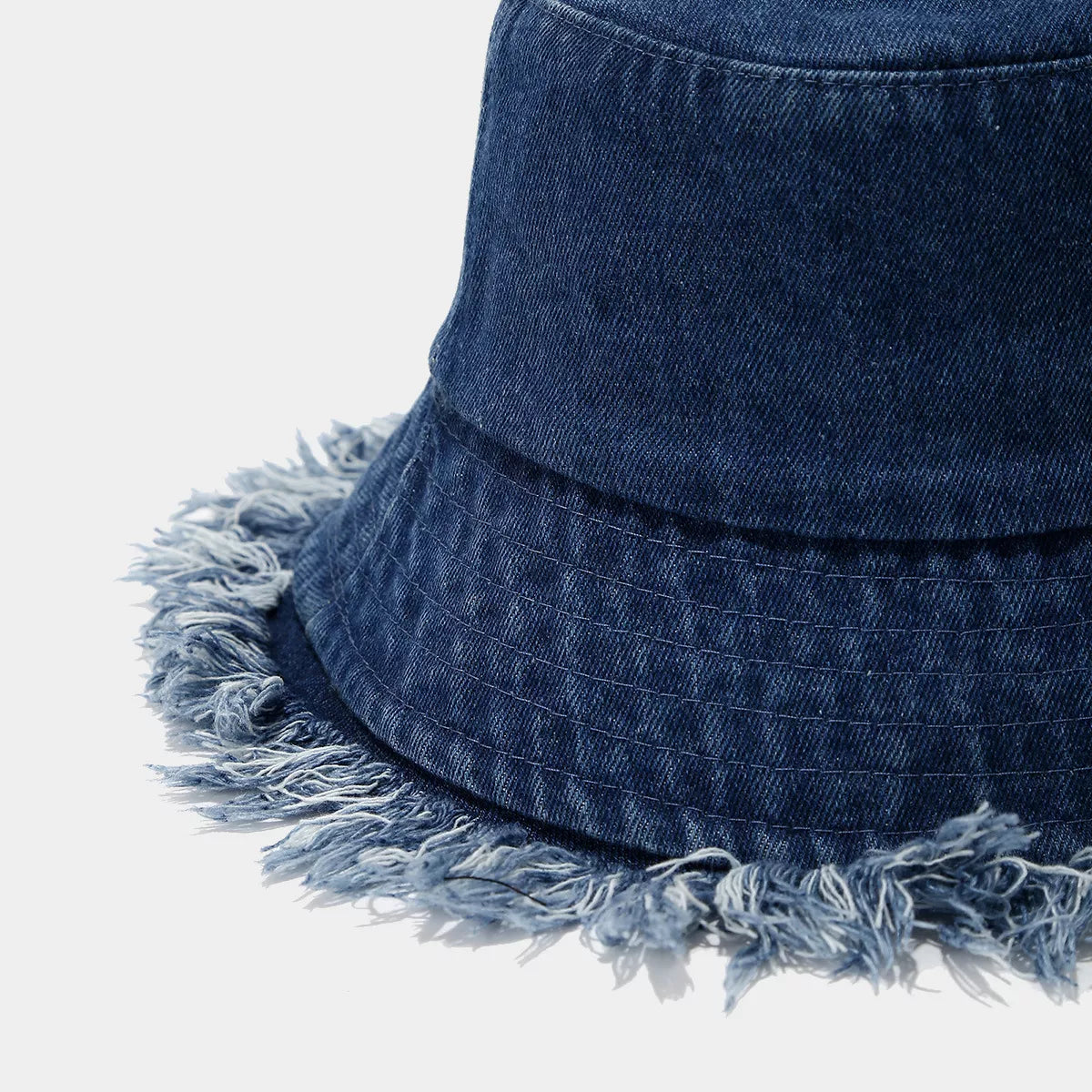 Vintage Washed Denim Bucket Hat with Frayed Raw Edge