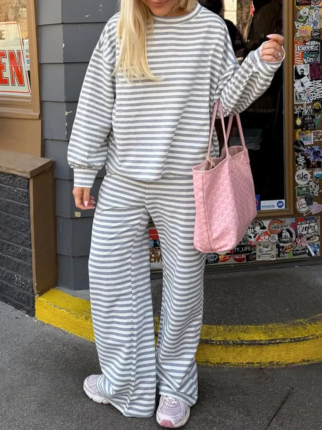 Striped Round Neck Top and Pants Set