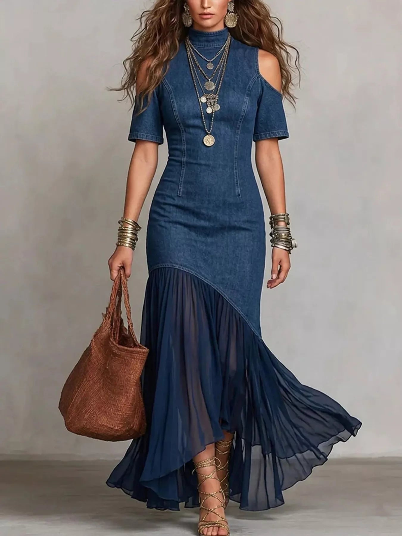 Cold Shoulder Ruffle Hem Maxi Dress
