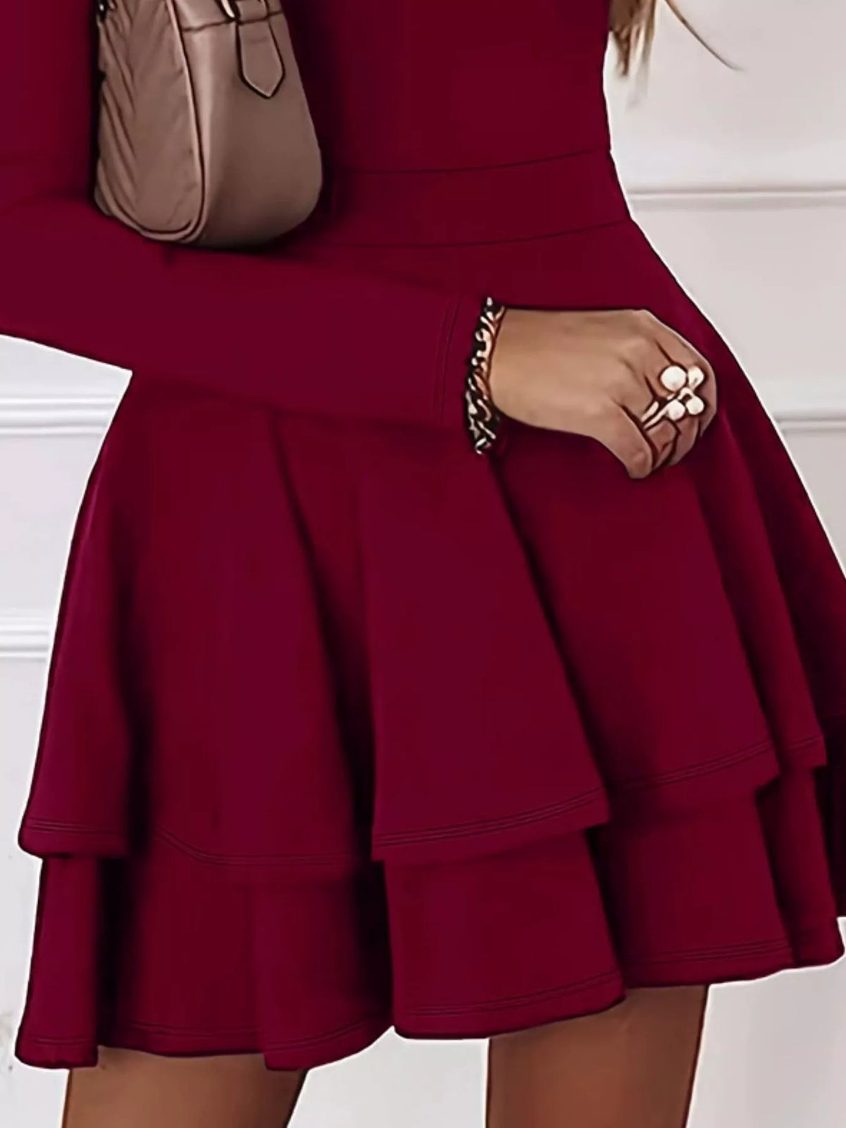 V-Neck Long Sleeve Layered Ruffle Mini Dress