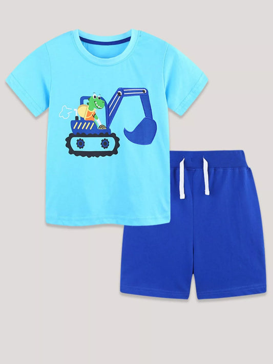 Children's Cartoon Excavator Print Tee and Shorts Set