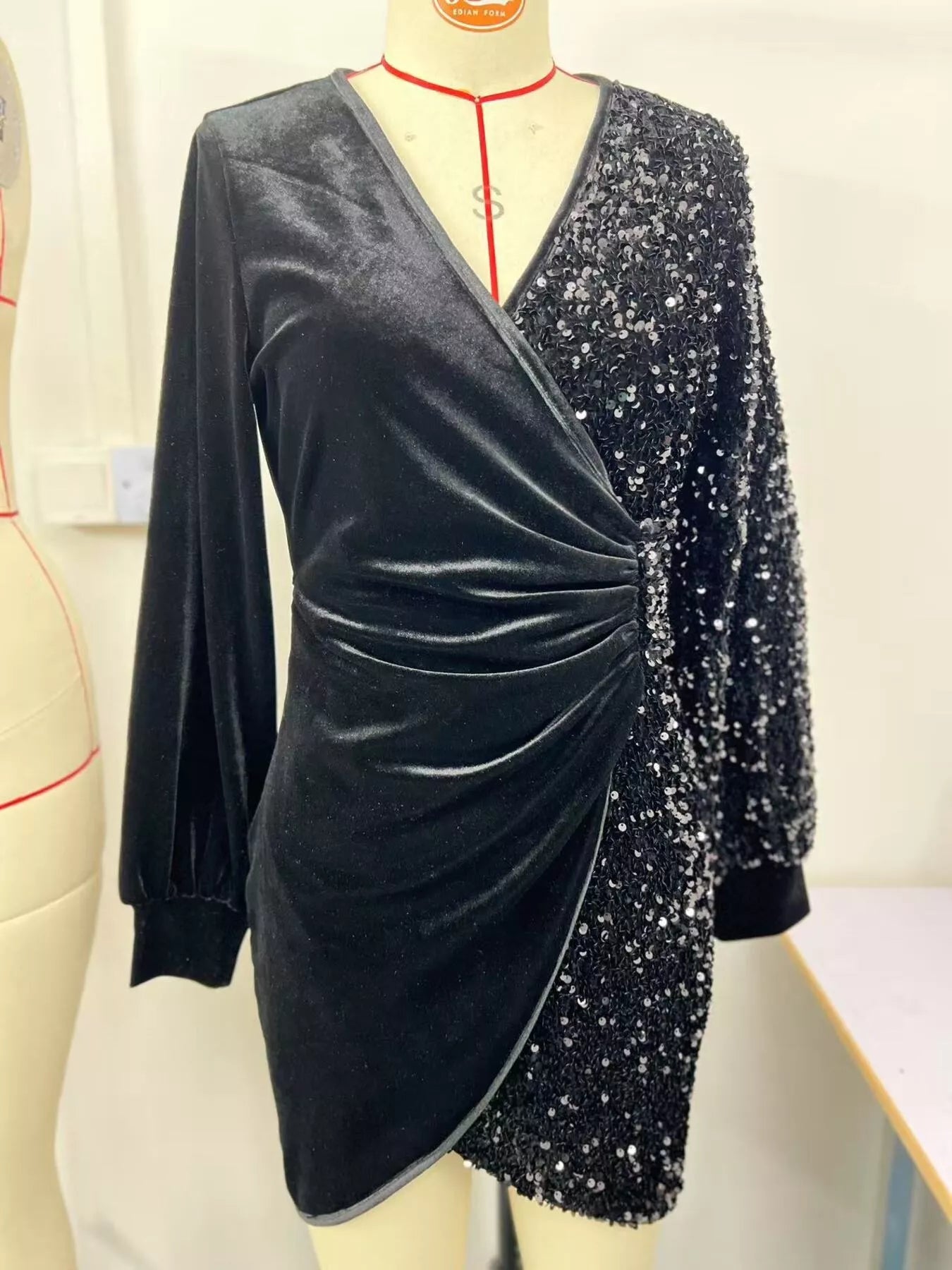 Velvet Sequin Long Sleeve Wrap Dress
