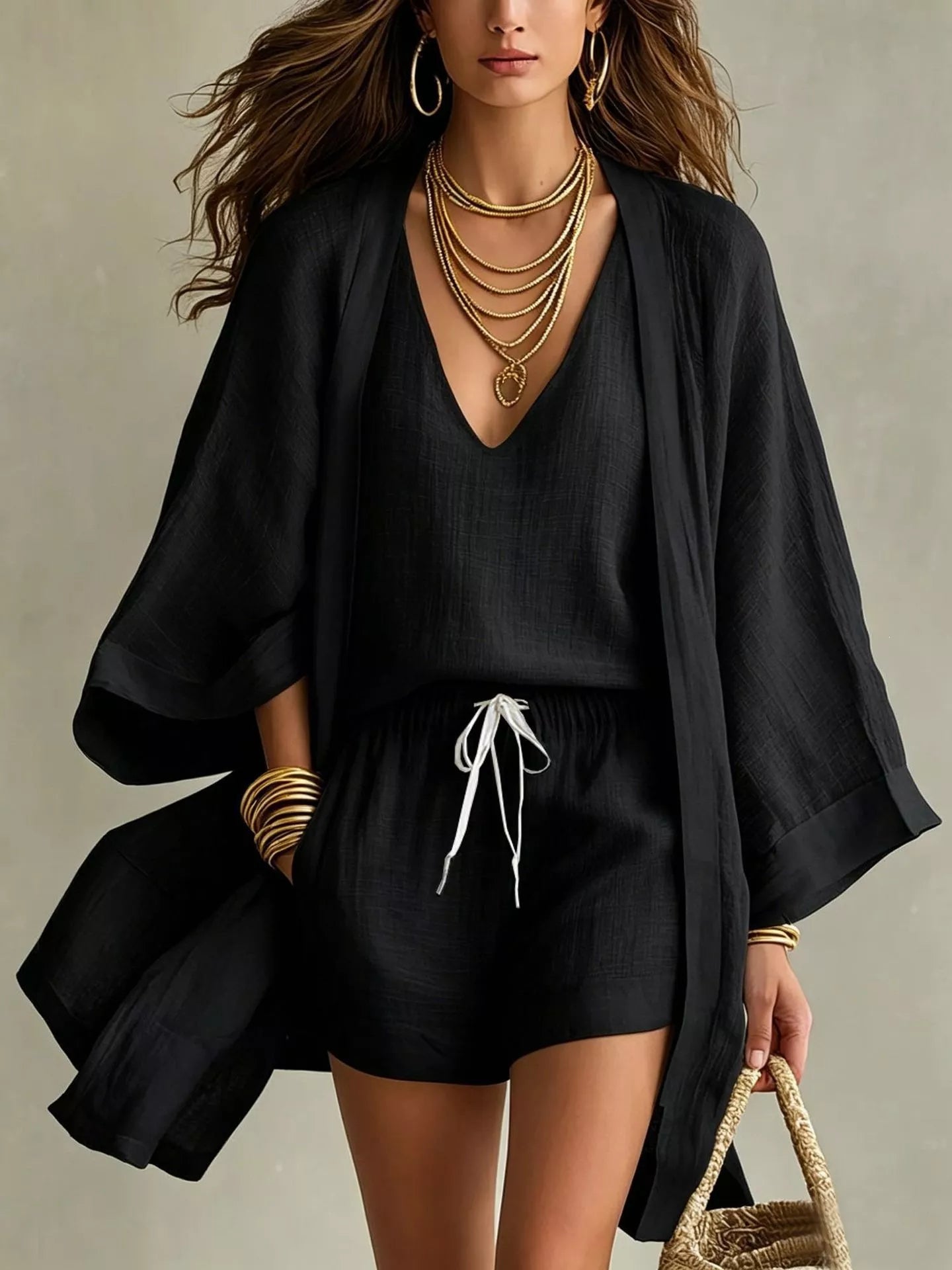 Full Size Elegant Tank and Drawstring Shorts with Cardigan 3-Piece Set Plus Size