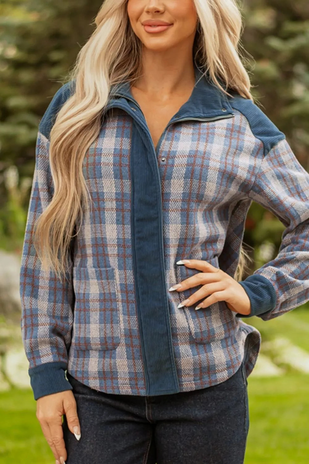 Plaid Corduroy Patchwork Collared Zip Up Snap Button Jacket