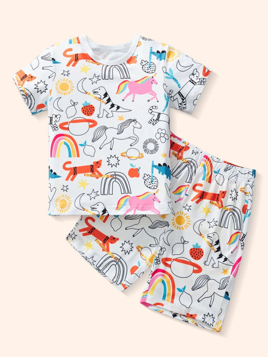 Children's Cartoon Print Round Neck Tee and Shorts Set
