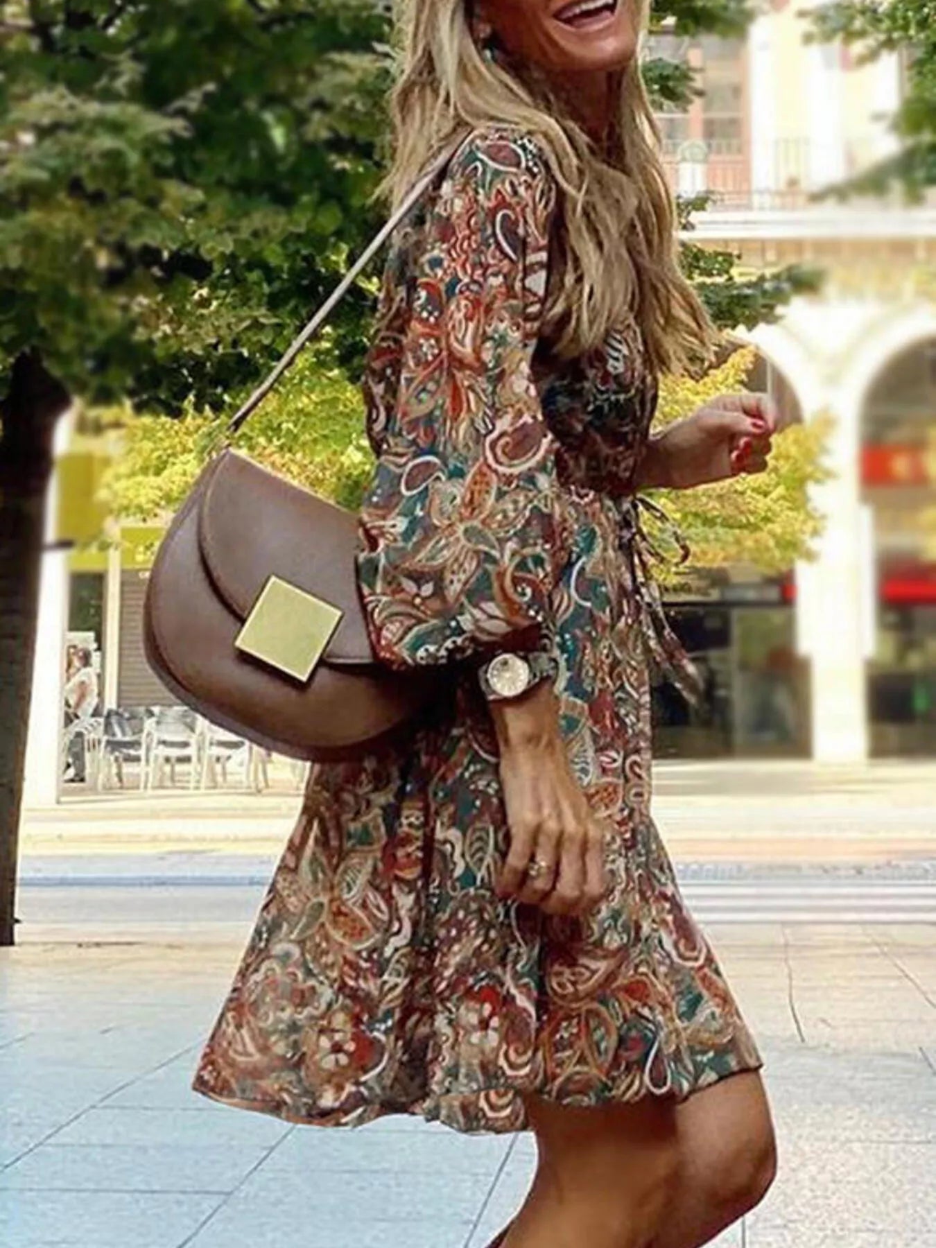 Full Size Paisley Print Long Sleeve Mini Dress Plus Size