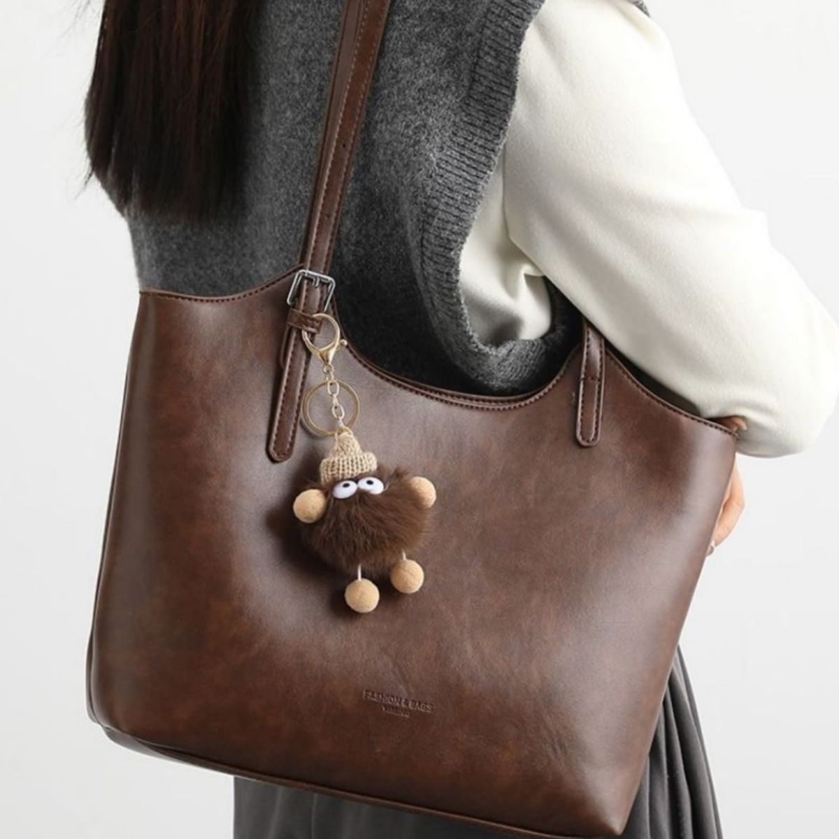 Leather Tote Bag with Charm