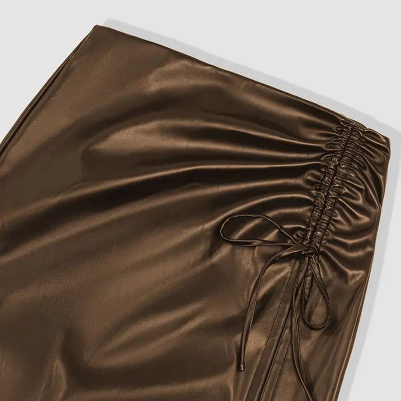 Women's Solid Color PU Leather Pencil Skirt, Drawstring Waist Bodycon Midi Skirt With Slit Hem (See size chart where applicable)