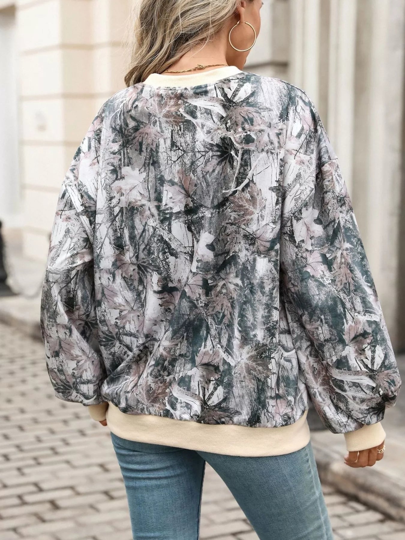 Leaf Print Sweatshirt with Contrasting Trim